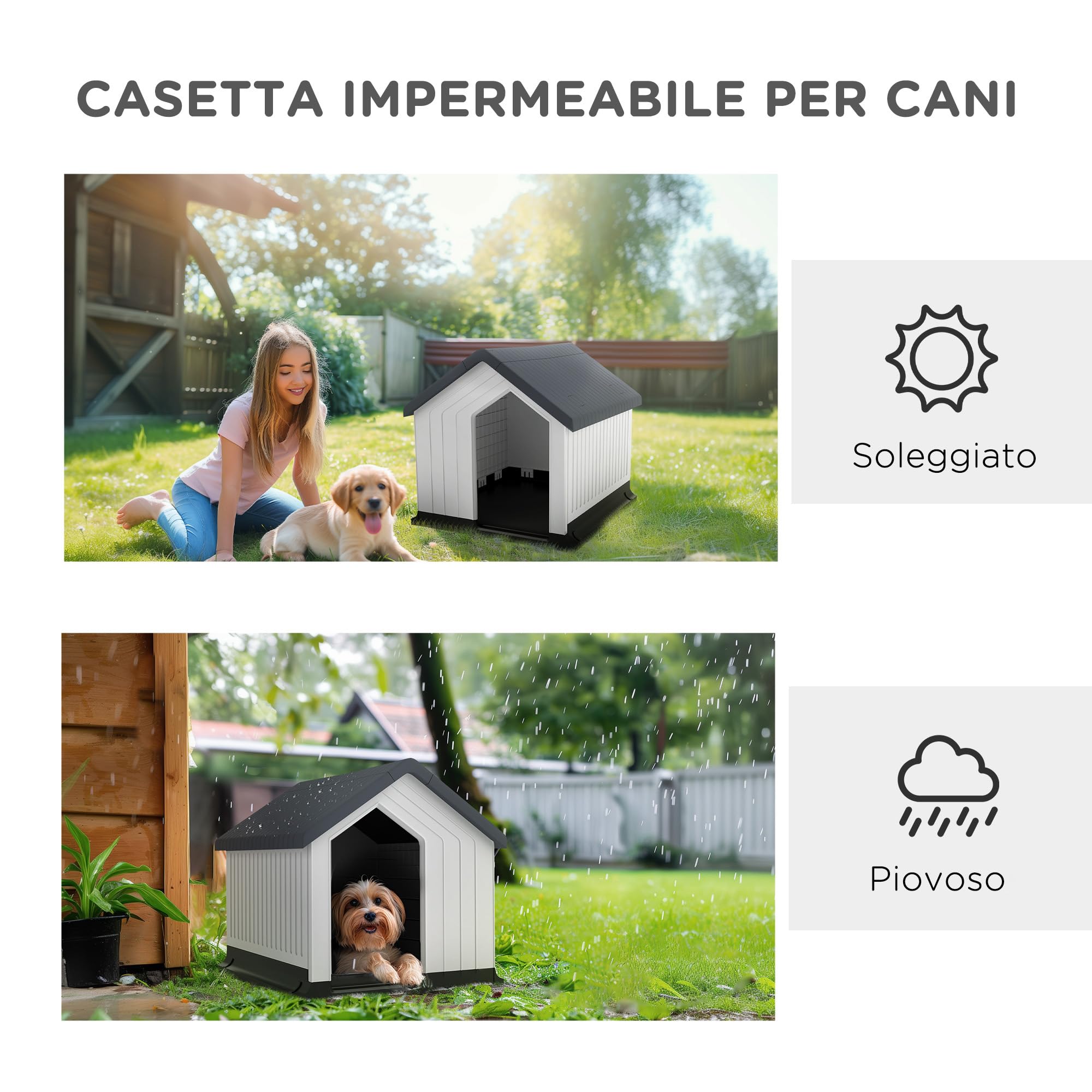 PawHut Casetta per Cani da Esterno Impermeabile Porta 62x61x60 cm Grigio | Cuccia per Cani Piccoli e Mini fino a 10 kg, con Finestra, Facile da Montare