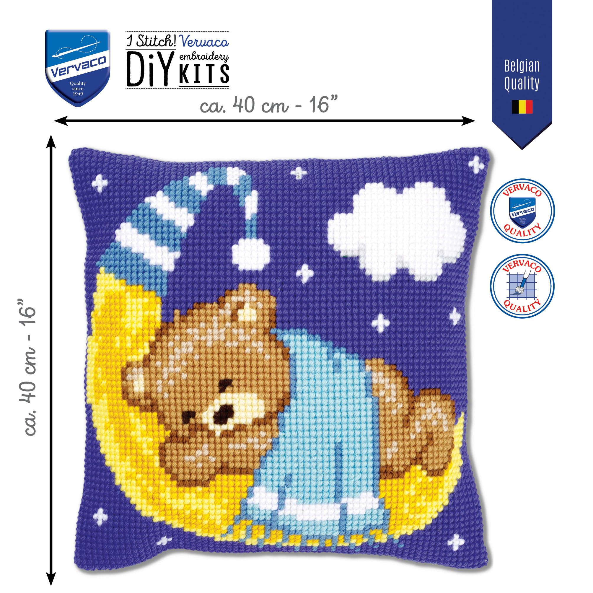 VERVACO Kit Cuscino Punto Croce Orso sulla Luna Blu Set Ricamo Principianti Cuscini Gobelin Decorativi ca. 40 x 40 cm Accessori per Lavoretti Creativi DIY Casa Decor Hobby Adulti Cross Stitch