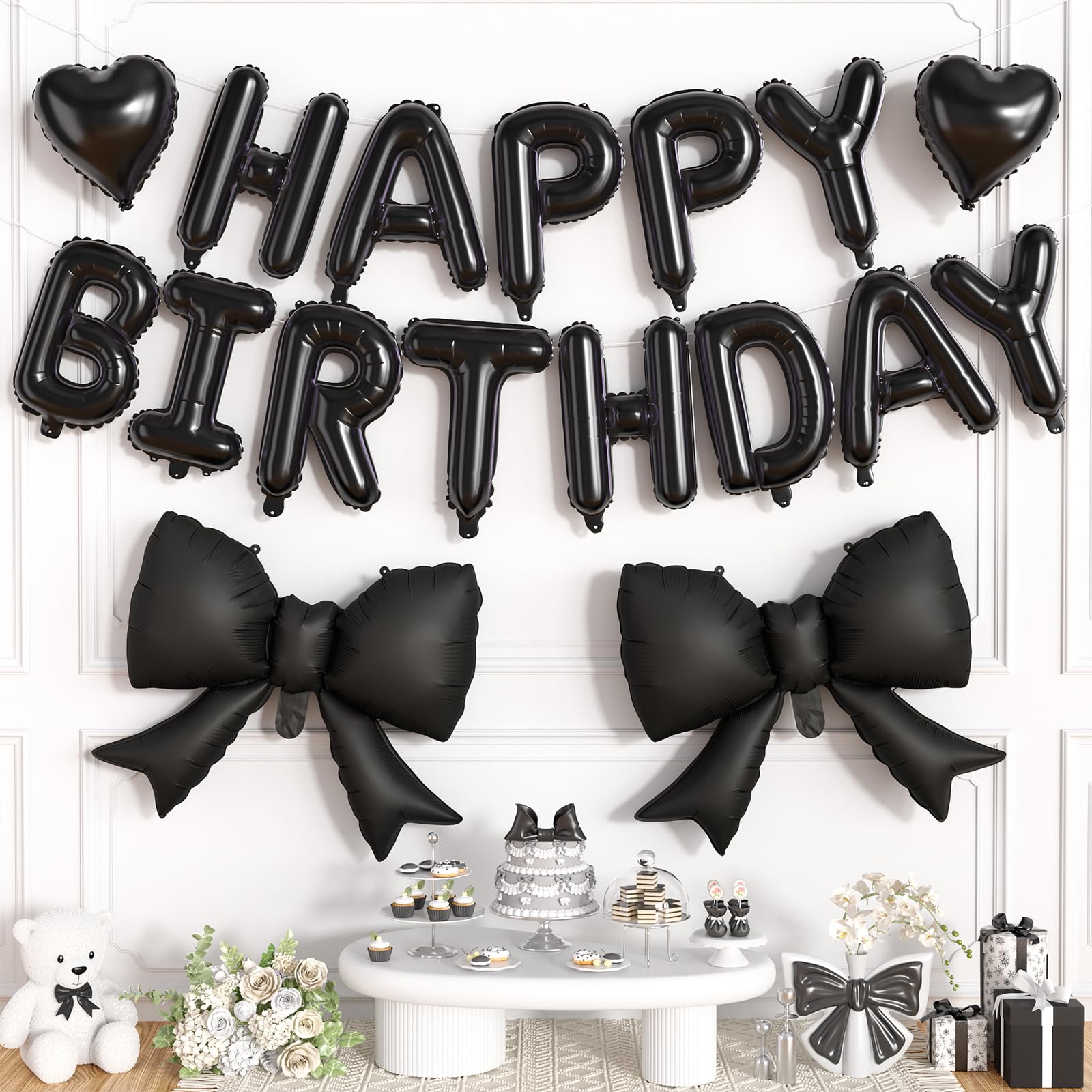 Black Happy Birthday Balloon Banner,21Inch Pink Bow Balloons,10Inch Heart Foil Balloon Set for Girls Women Birthday Decorations Princess Coquette Party Decor