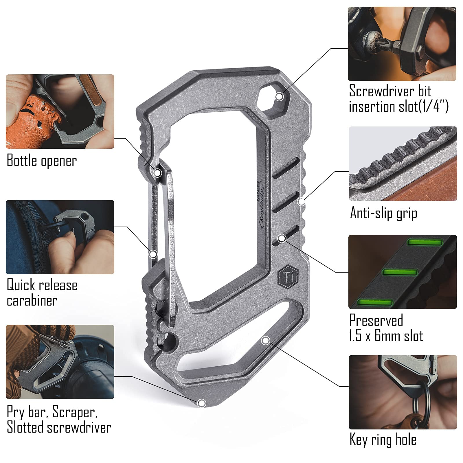 KeyUnity KU03 Titane EDC 6 en 1 Mousqueton Multi-Outils à DéGagement Rapide, Mousqueton Porte Clé, Outil Multifonction, Porte-CléS, Tournevis, Tournevis à Fente, Ouvre-Bouteille, Barre De Levier