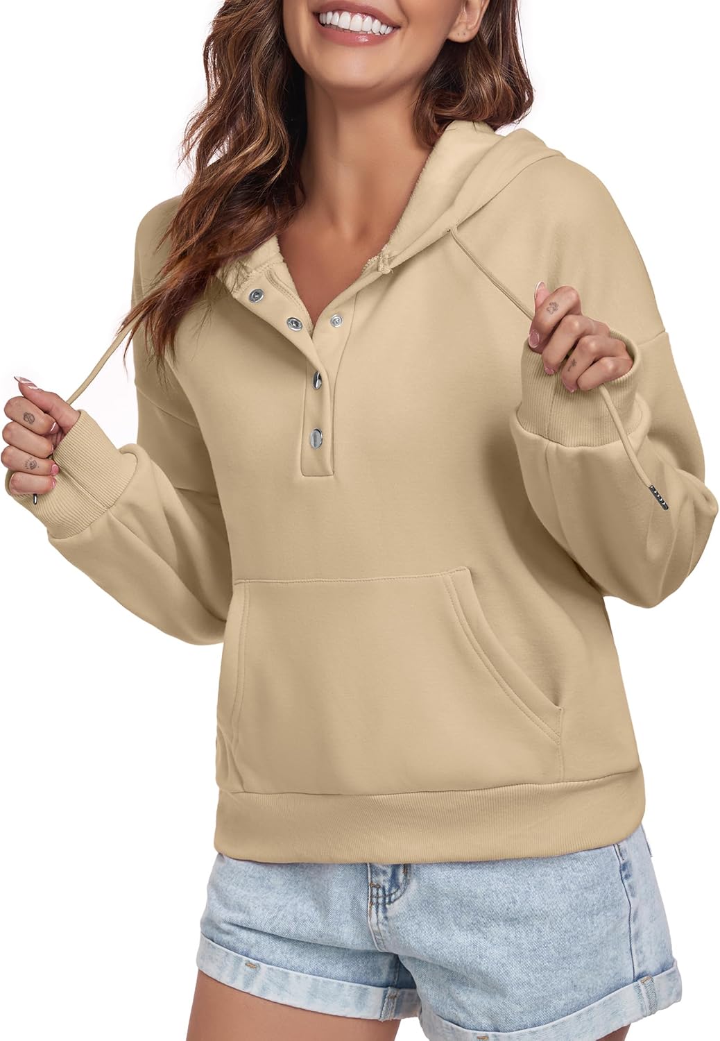 FKEEP Women Hoodies Casual Button Down Sweatshirt Drawstring Long Sleeve Pullover Fall Winter Clothes with Pockets - Image 3