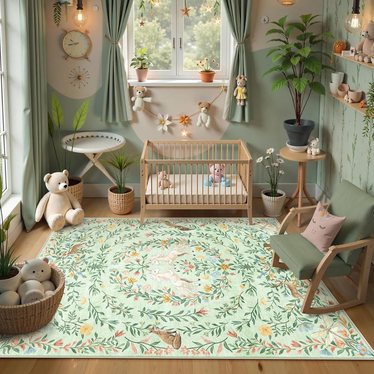 machine washable 5x7 area rugs for living room, non slip soft low pile unicorn floral farmhouse moroccan vintage animal playroom girls rugs for bedroom, carpet rugs for nurseries(sage green,5'x7') 5x7 sage green