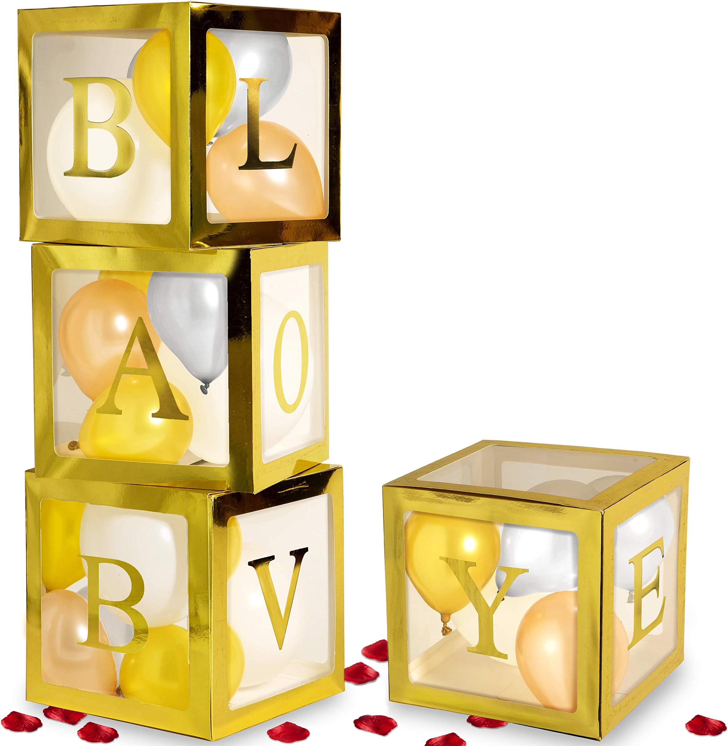 Baby Shower Decorations for Girl and Boy, Gold Transparent Babyshower Boxes for Gender Reveal Party Favors, Bridal Showers Backdrop, Gold, Champagne, Silver, Pearl White Balloons in Clear Blocks, Gold BABY, LOVE Letters