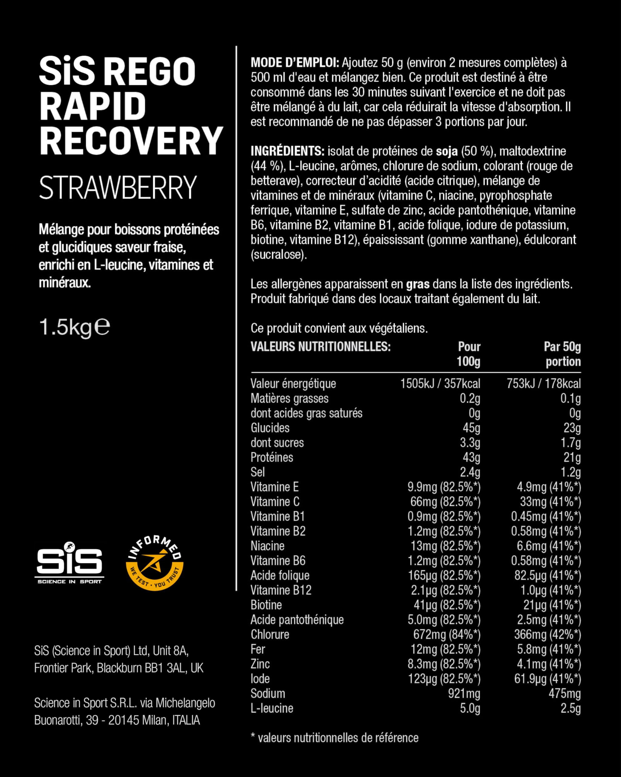 Science in Sport Rego Rapid Recovery Poudre 1,5kg Fraise Vegan - Poudre récupération avec glucides, protéines, électrolytes, vitamines et minéraux, soutient un entraînement efficace