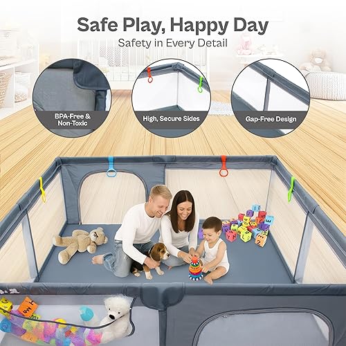 Miniatura 2 de Corralito grande para bebés de 71 x 59 pulgadas, corralito para bebés y niños pequeños, con puertas con cremallera, valla de seguridad, corralito de