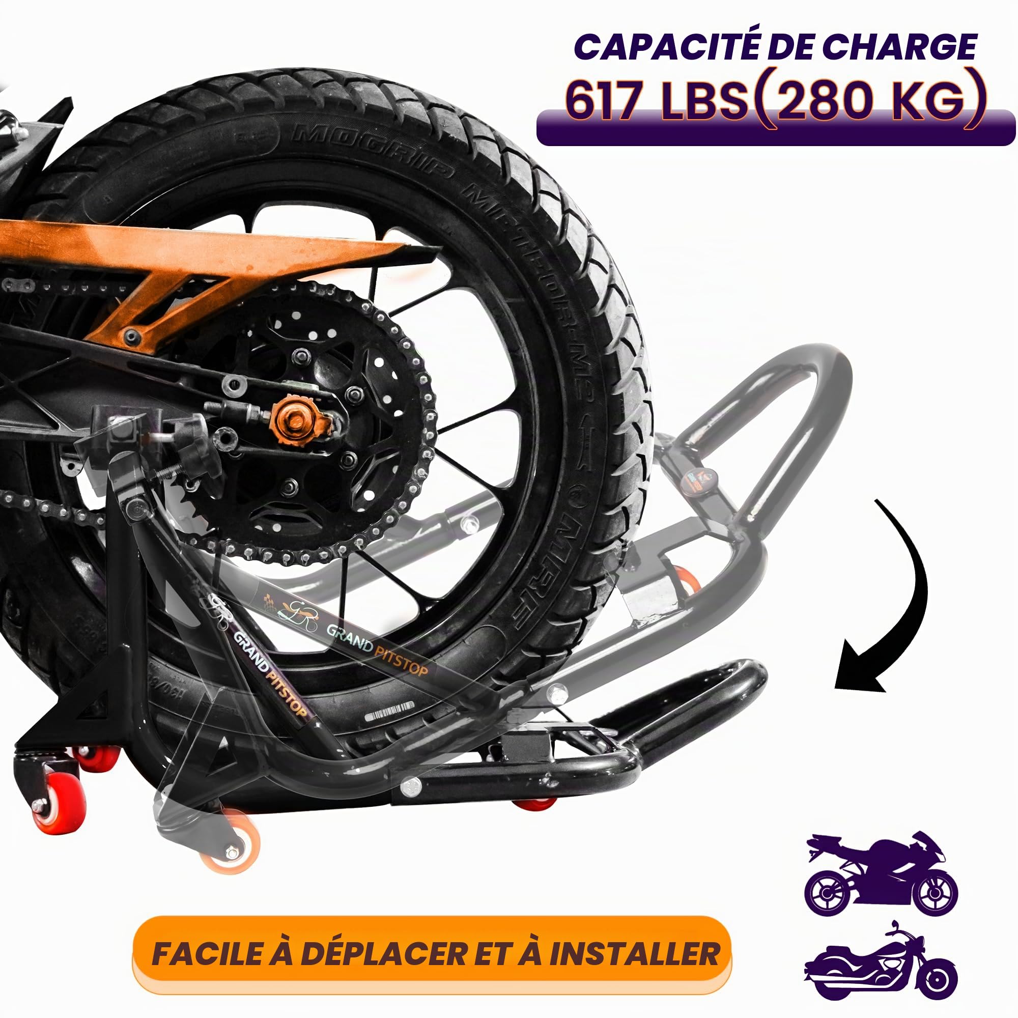 Grand Pitstop Béquille arrière réglable universelle pour moto avec bras oscillant (démontable à 360°, noir, poids de la moto jusqu'à 226 kg)
