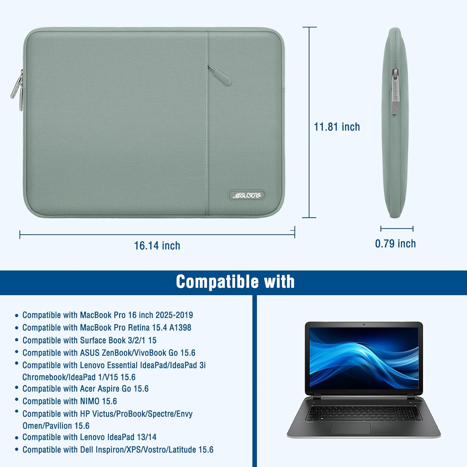 MOSISO Laptop Case 16 inch, 15-15.6 inch Laptop Sleeve Compatible with MacBook Pro 16 M4 M3 M2 M1, HP Acer Dell Lenovo ASUS Notebook, Polyester Vertical Computer Sleeve Bag with Pocket, Antique Green - Image 5
