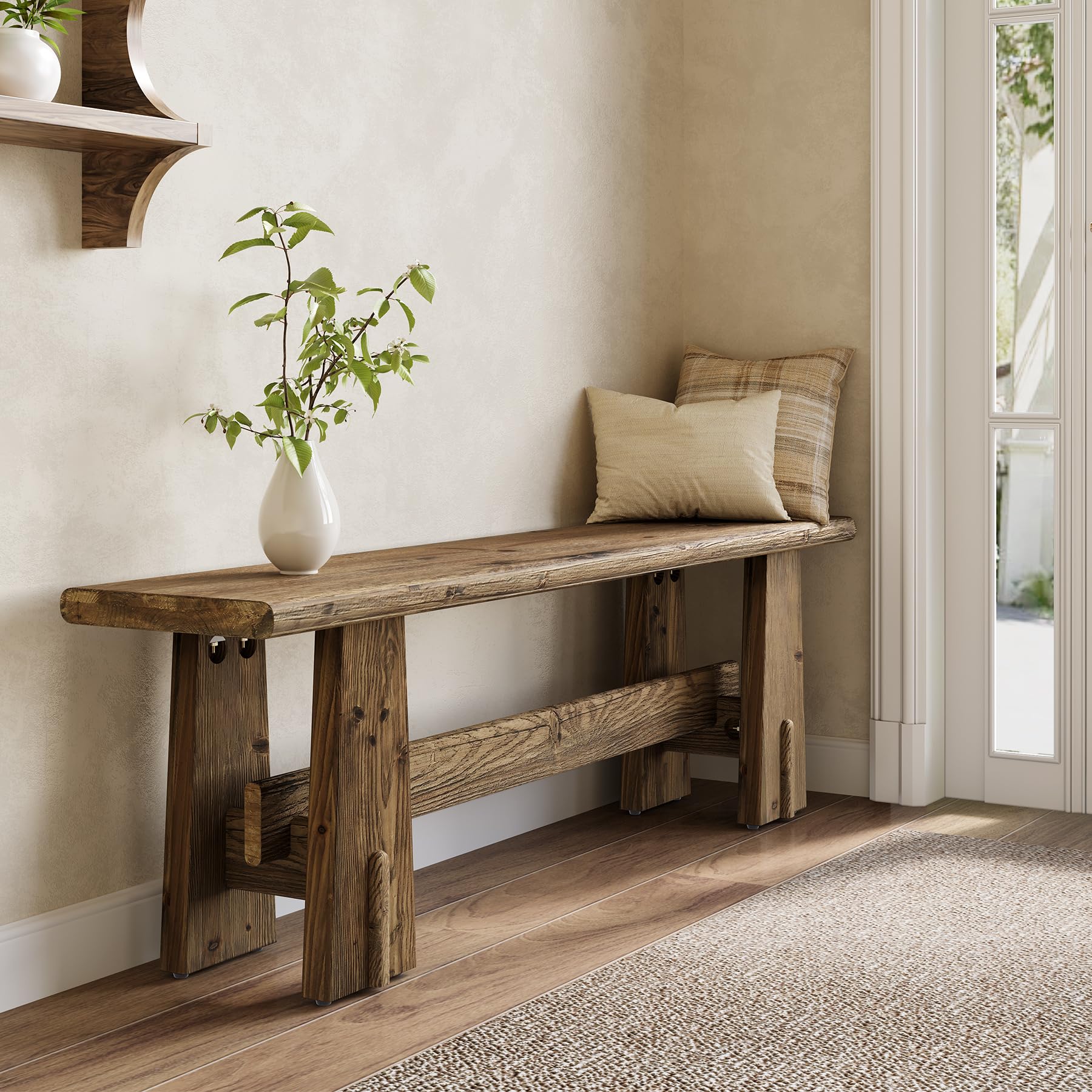 LITTLE TREE 59" Solid Wood Bench, Farmhouse Entryway Bench, Long Retro Bench for End of Bed, Dining Room, Entryway, Hallway, Living Room, Bedroom, Kitchen, Sturdy Frame Design, Rustic Brown