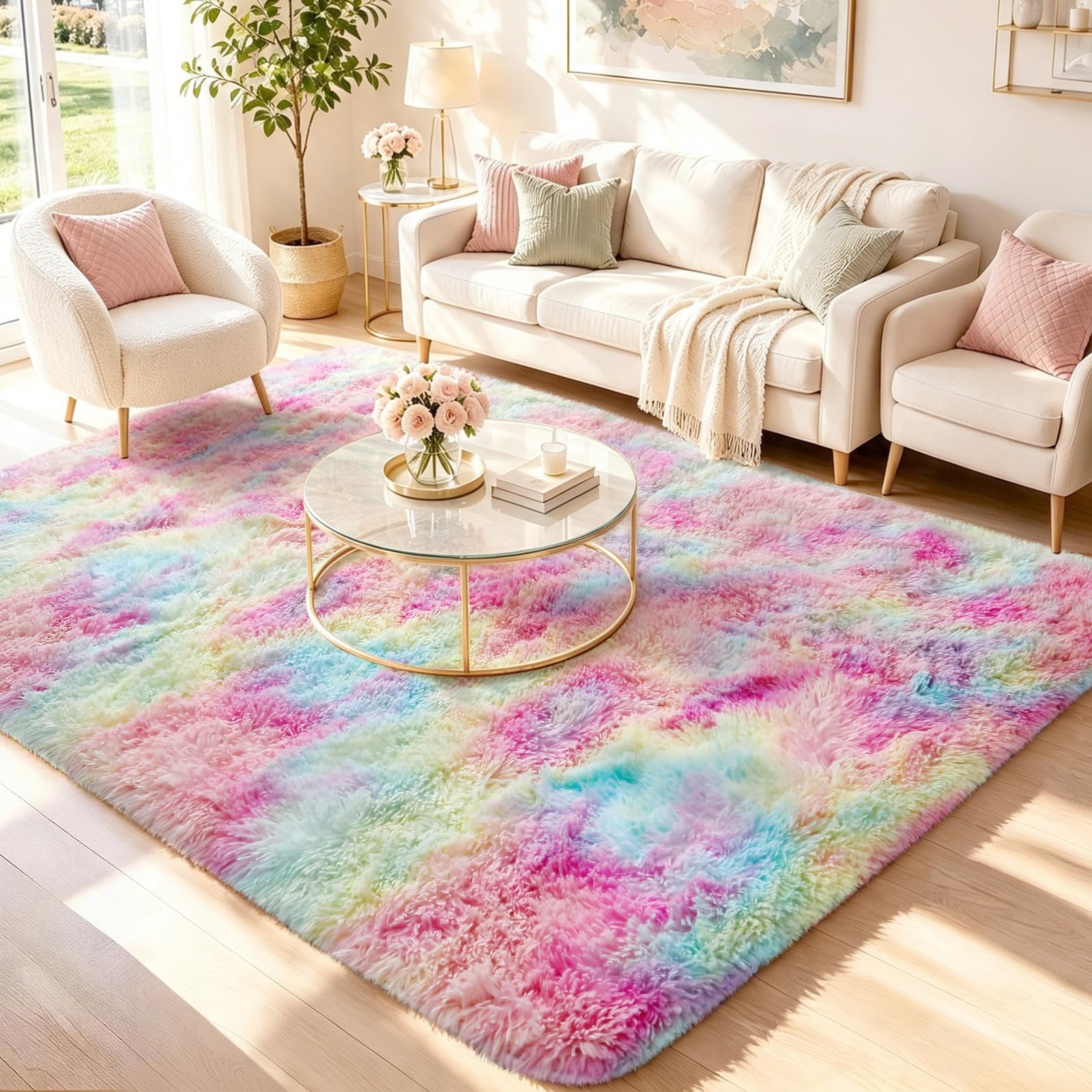 Ophanie 5x7 Rainbow Rug for Bedroom Girls,Unicorn Colorful Fluffy Soft Cute Fuzzy Area Rugs,Shag Plush Shaggy Bedside Floor Furry Carpet for Kids Baby Teen Dorm Home Decor with Over 99 pcs Pile fibers