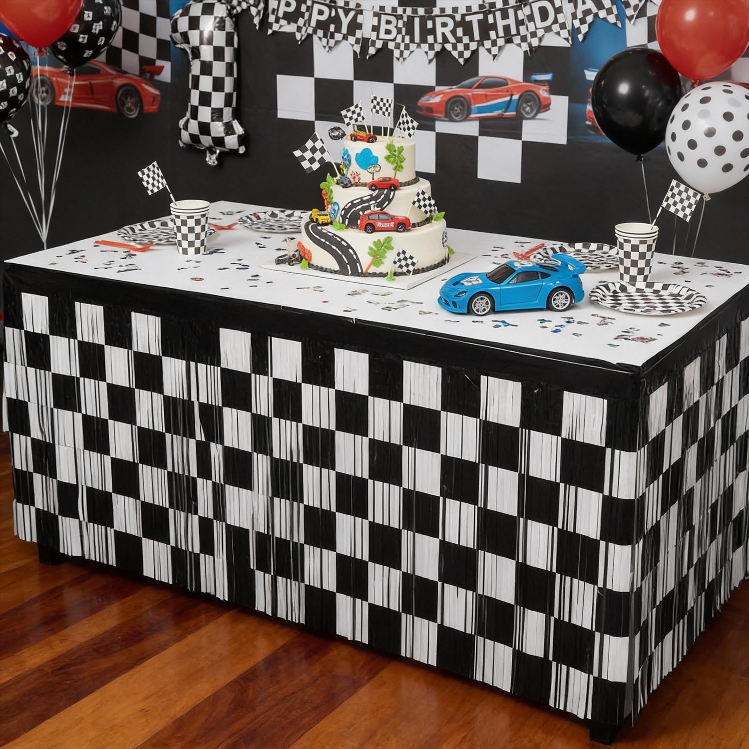 Race Car Metallic Foil Tinsel Fringe Table Skirt Birthday Party Decorations, 6 Pack 29.5 x 108 Inch Black White Checkered Table Streamers Curtains Skirts for Rectangle Round Table Racing Party Decor