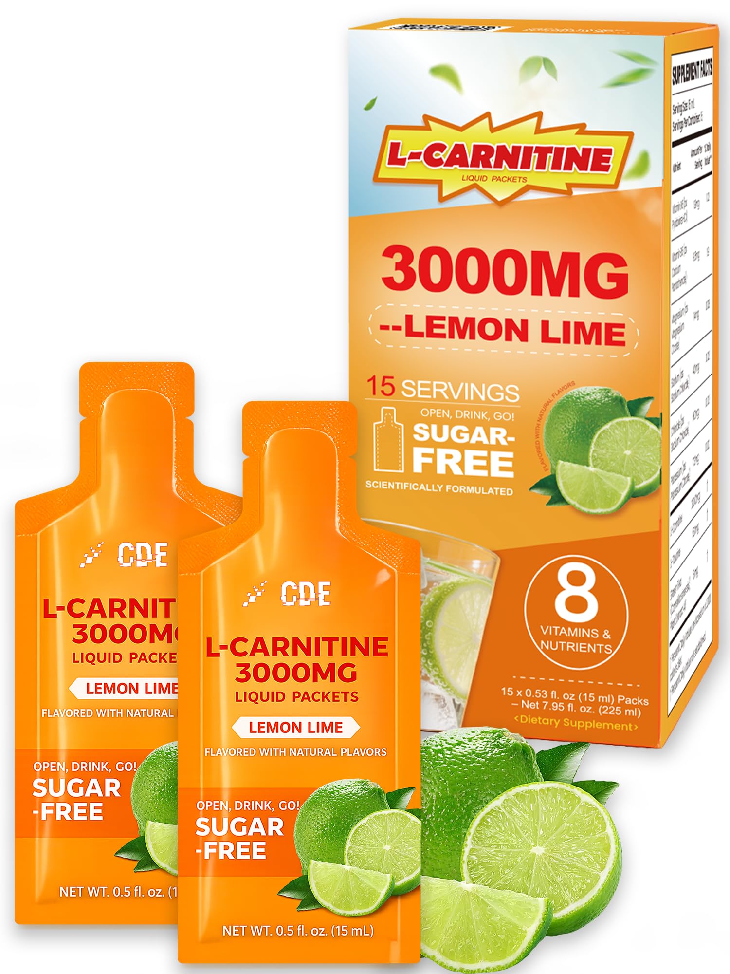 CDE Suplemento de L-Carnitina Líquida 3.000 mg com Vitaminas B5 e B6, Taurina e Eletrólitos, 15 sachês