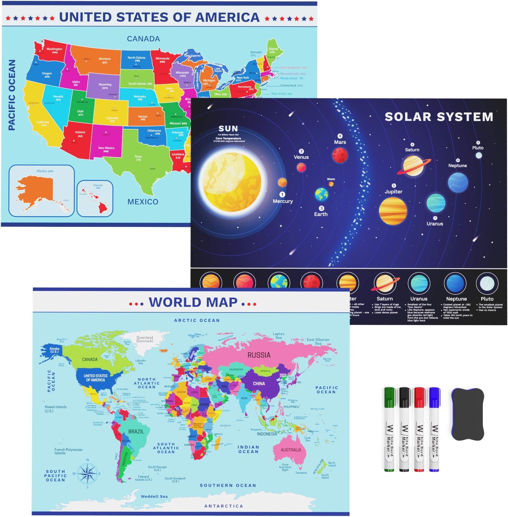 Map for Kids Wall 3-Pack Educational Map/Poster Set for Kids — United States and World Maps — Solar System Poster — Laminated — 15 x 21 Inches — 4 Dry Erase Markers and Eraser — Educational Posters