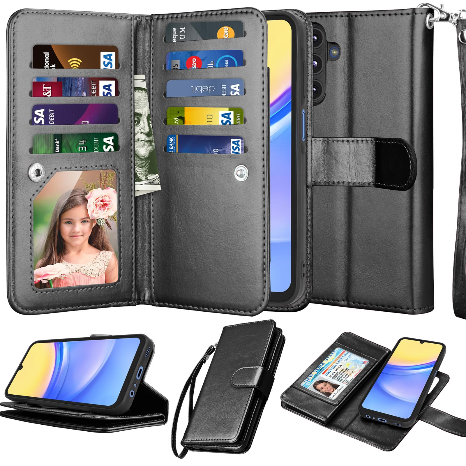 Custodia Portafoglio In Pelle Con Blocco RFID Per Samsung Galaxy A15 5G. Con 3 Tasche, Supporto E Cinturino Da Polso. Colore Giallo.