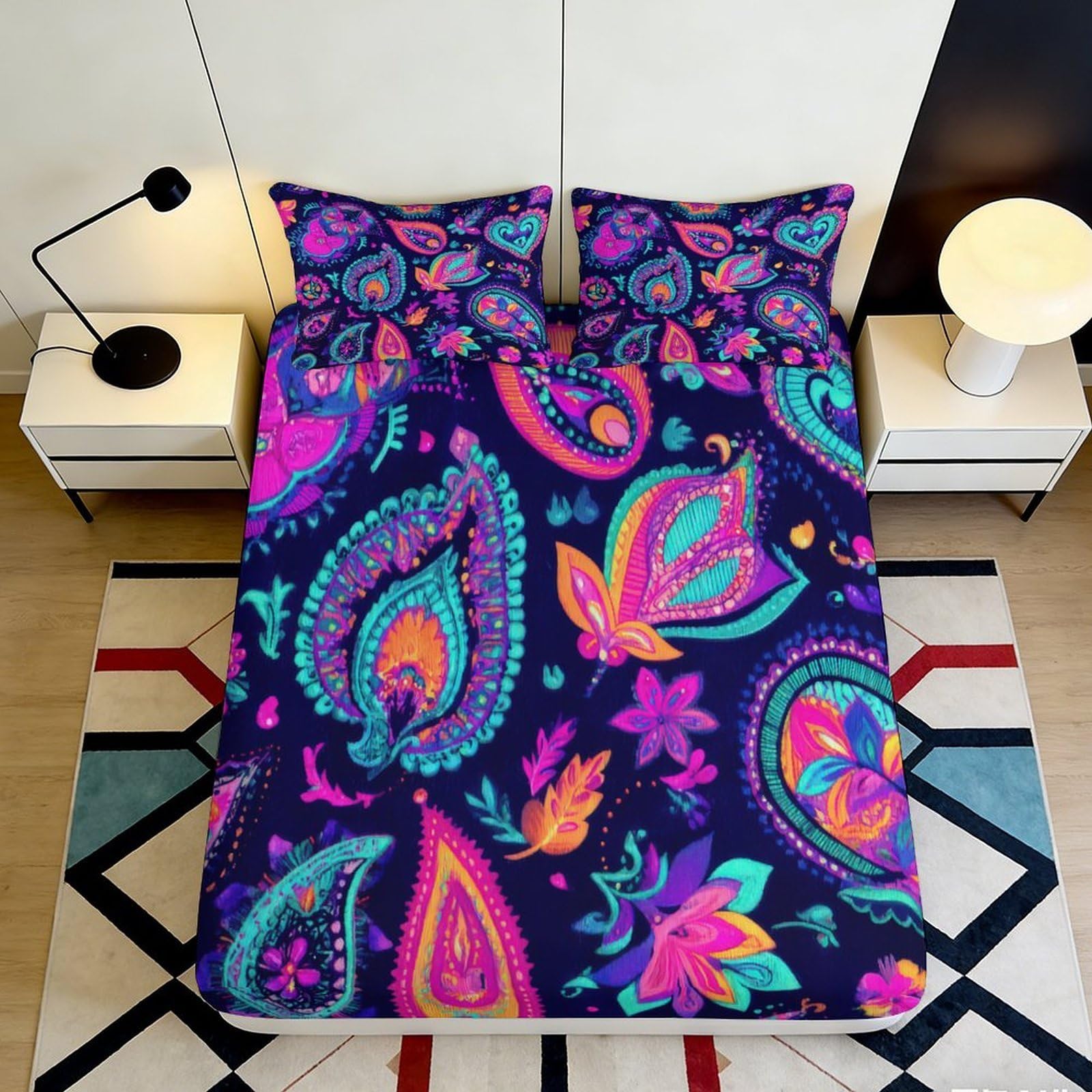 3D Printed Paisley Floral Fitted Sheet Microfiber Soft Vibrant Boho Bed Cover for Bedroom Dorm Mattress Decor 90x200x25cm
