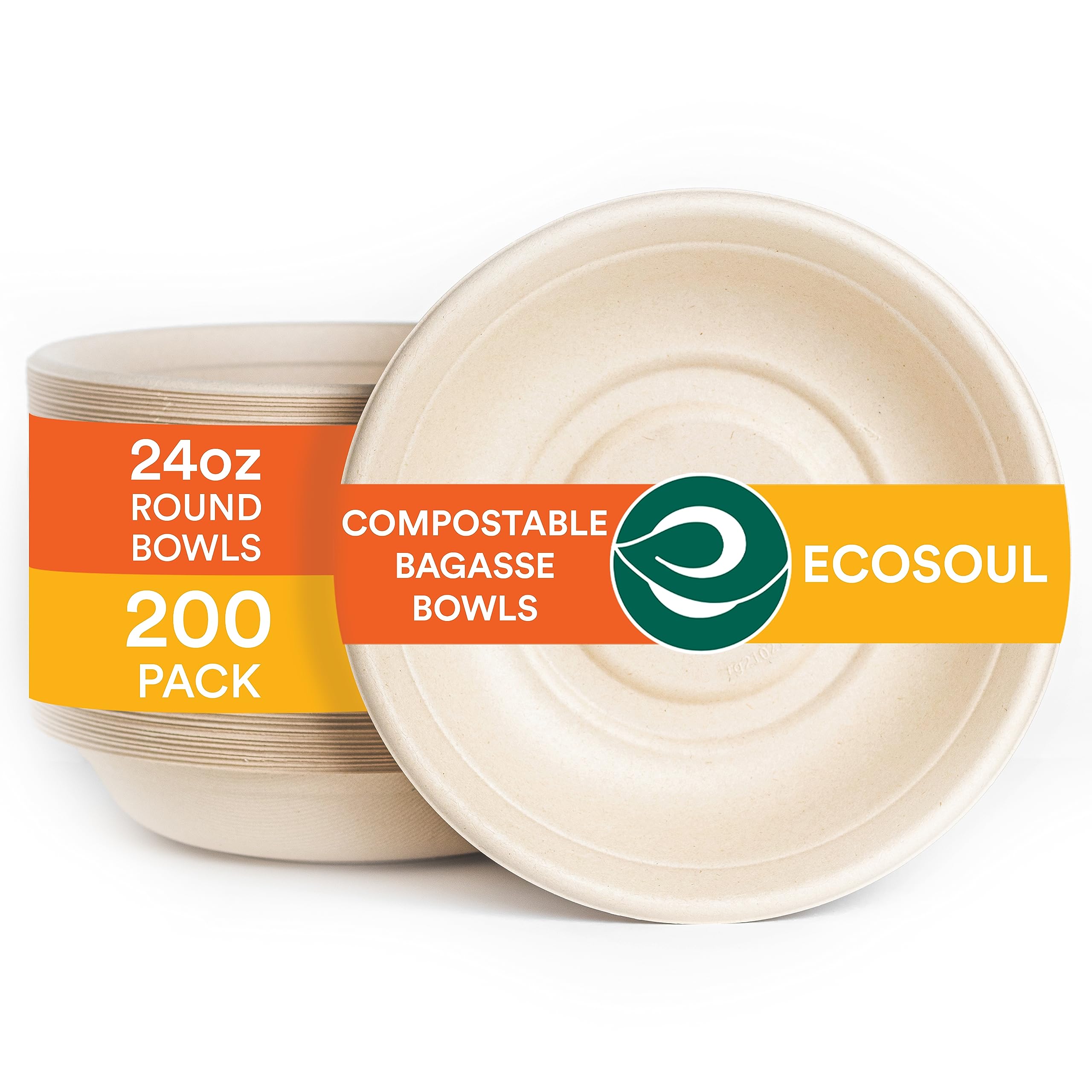ECO SOUL 100% Compostable 24 Oz Soup Bowls [200-Pack] Disposable Sturdy Bowls I Heavy Duty Paper Bowl I Eco-Friendly Salad Bowl I Biodegradable Large