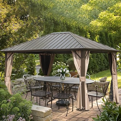 Domi - Cenador de aluminio para exteriores, 12 x 14 pies, techo doble de acero galvanizado con malla para terraza, patio trasero, jardín