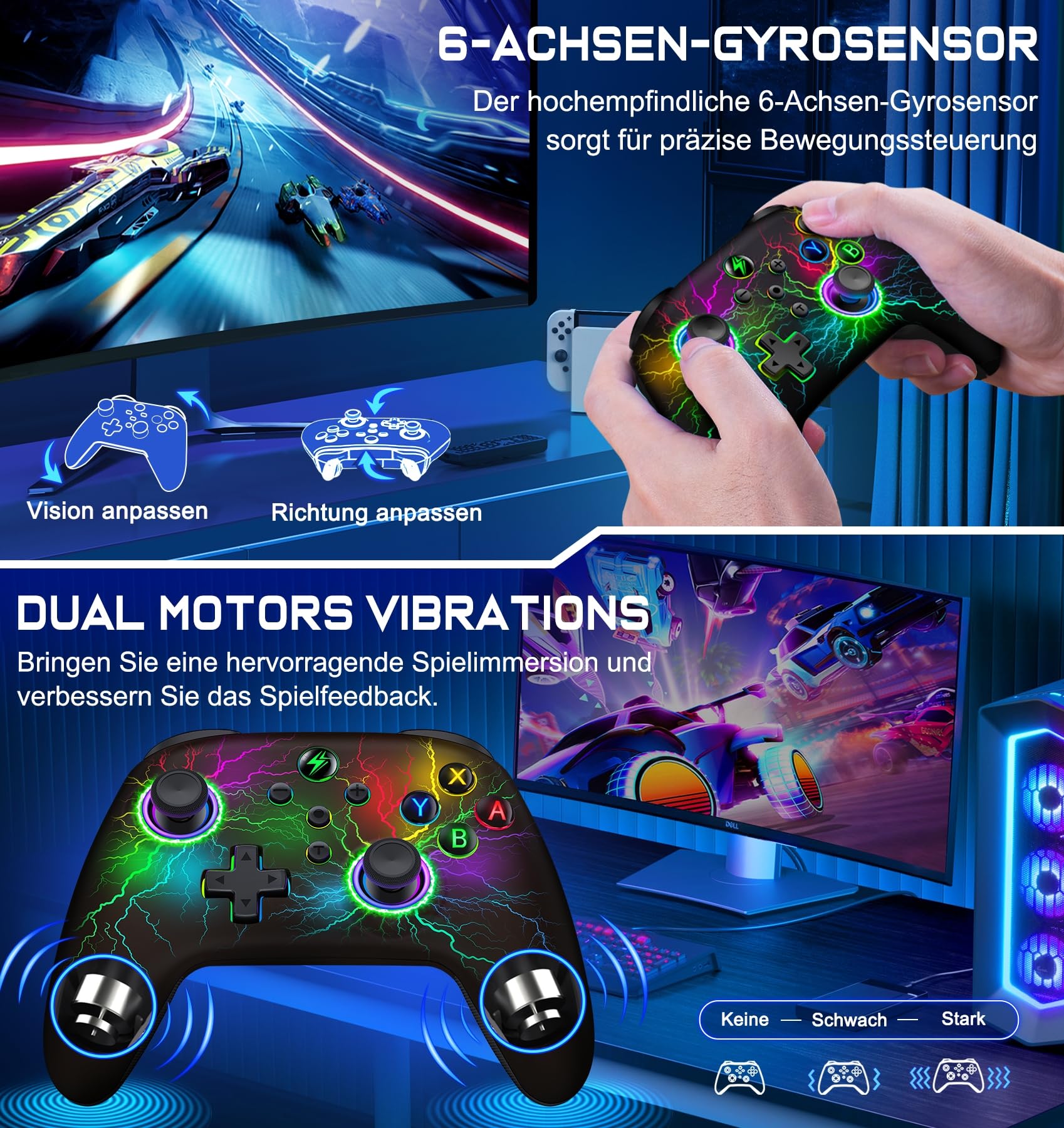 HELLCOOL Kabellos Controller für Switch/Lite/OLED Konsole - Switch Controller mit Cooles RGB Look, Programmierbare/Turbo/Aufwachfunktion, Präzise Joysticks, Dual Motors Vibration