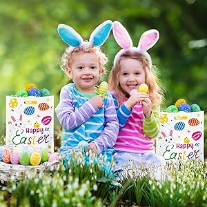 40 Pack Happy Easter Treat Bags, Colorful Easter Gift Bags with Handles, Plastic Easters Eggs Bunny Goodie Candy Tote Favor Bag for Easters Egg Hunt Party Supplies and Gifts Wrapping, 6.5 X 10 inch