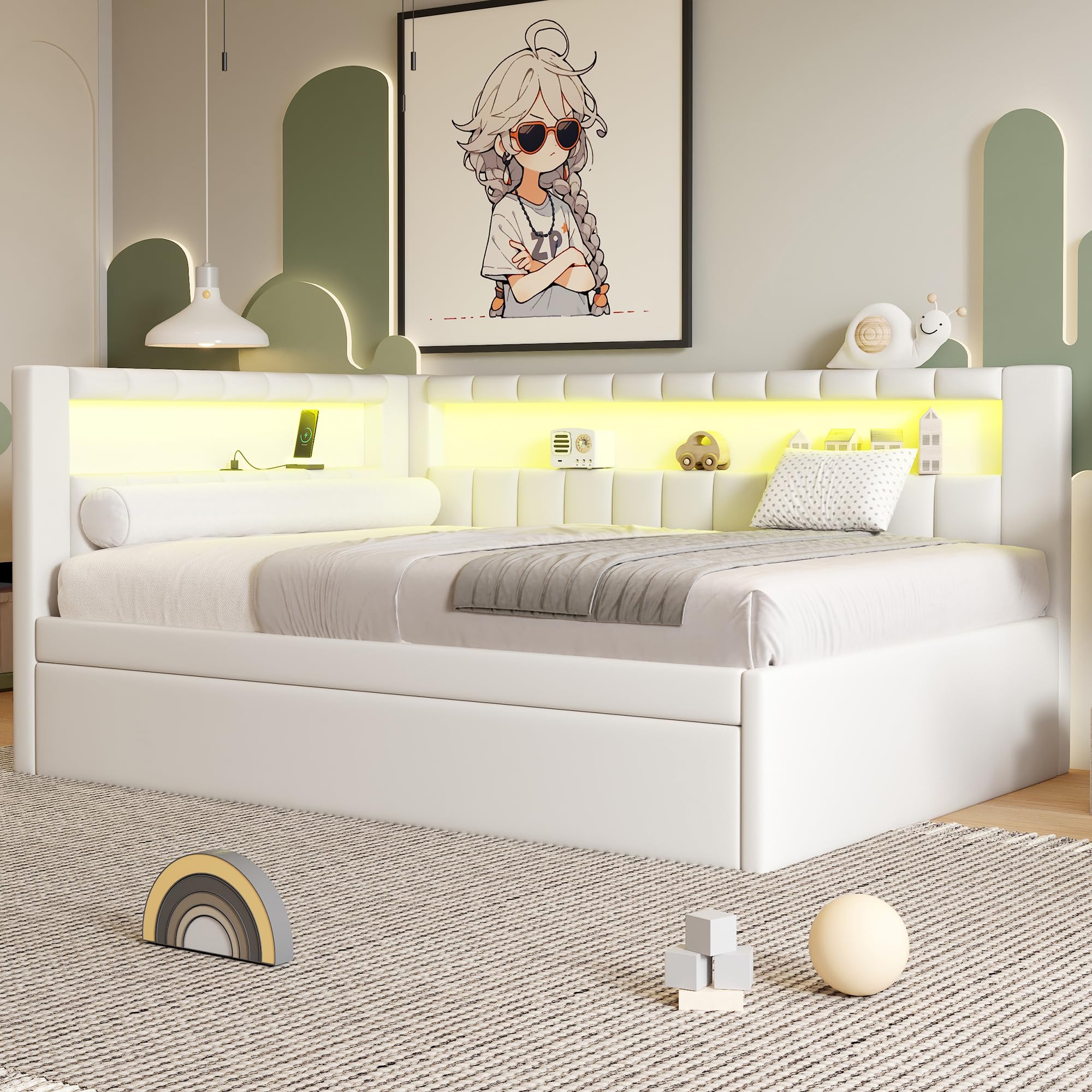Photo 1 of **FOR PARTS ONLY MISSING REMOTE AND ASSEMBLY PIECES *** PVWIIK Full Upholstered Daybed with Trundle and USB & LED Light for Bedroom, Living Room, Office, Small Space Design and Wodd Platform Bed,No Box Spring Needed, Beige