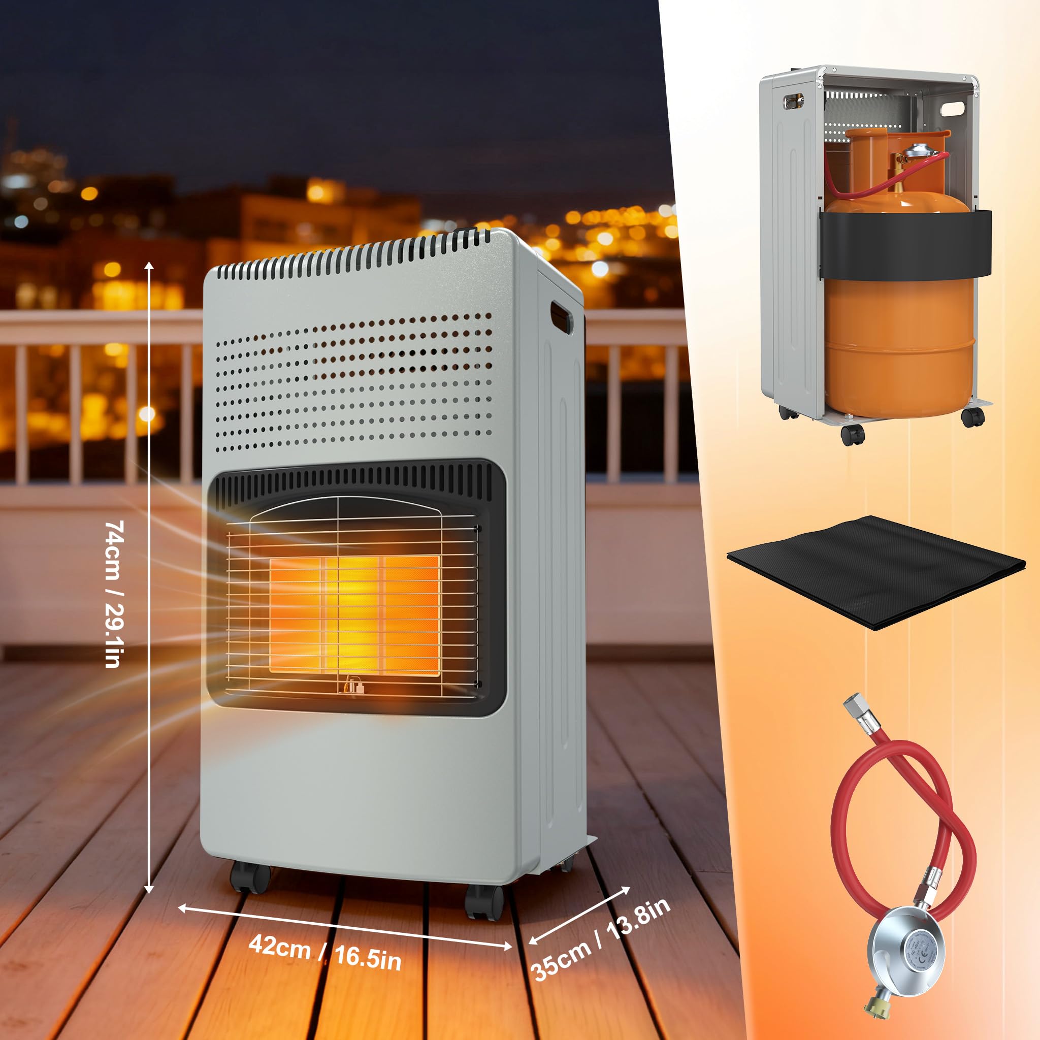 UISEBRT Gasheizung für Innenräume,Gasofen 3 Heizstufen 1500W - 2750W - 4200W,Gasheizer inkl. Gasdruckregler Gasschlauch,Heizstrahler Gasheizgerät, Infrarot, Butan- Propangasflascheng,Grau