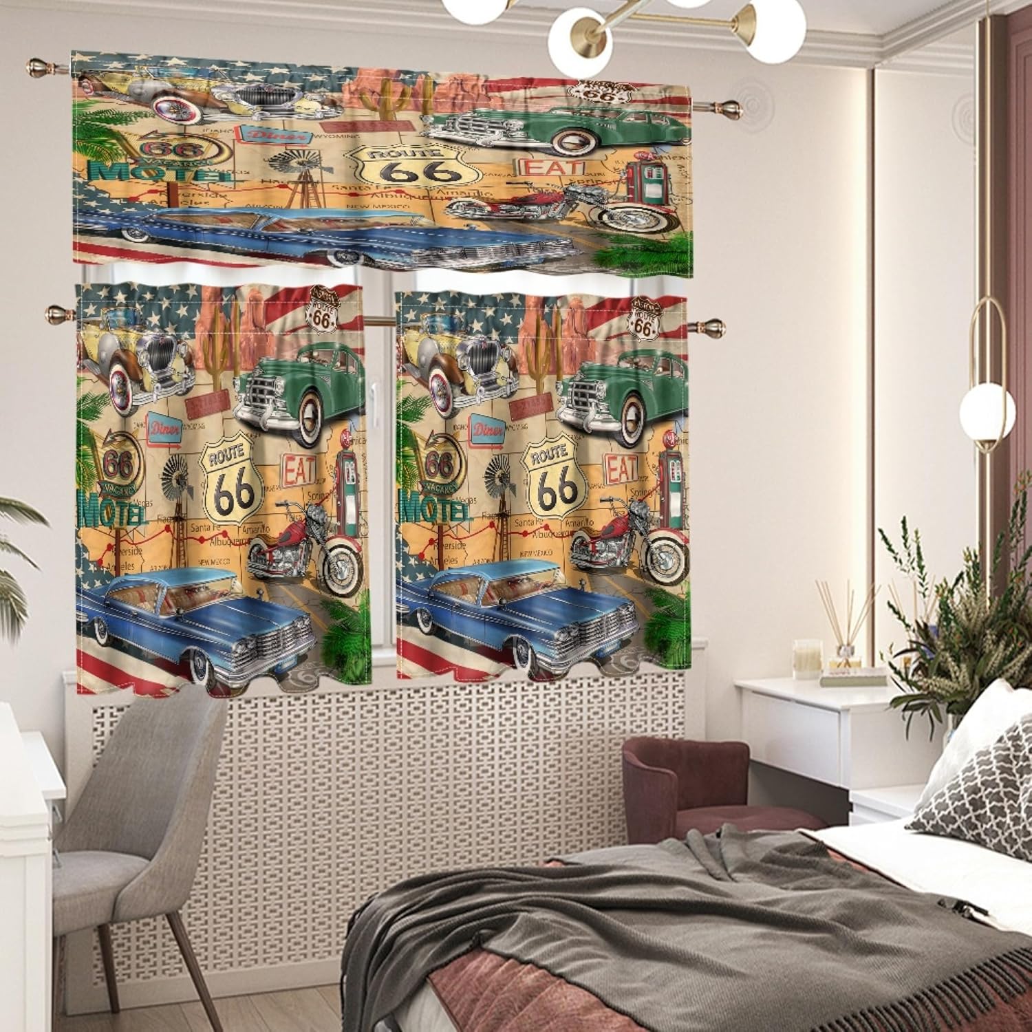 Route 66 Rustic Valance Curtains, Retro Antique Car Vintage Old Classic Car Motorcycle Print Pattern Decor Window Treatments, Rod Pocket Drapes for Cafe Teen Boys Room Kitchen, 54x18in 1P+27x36in 2P