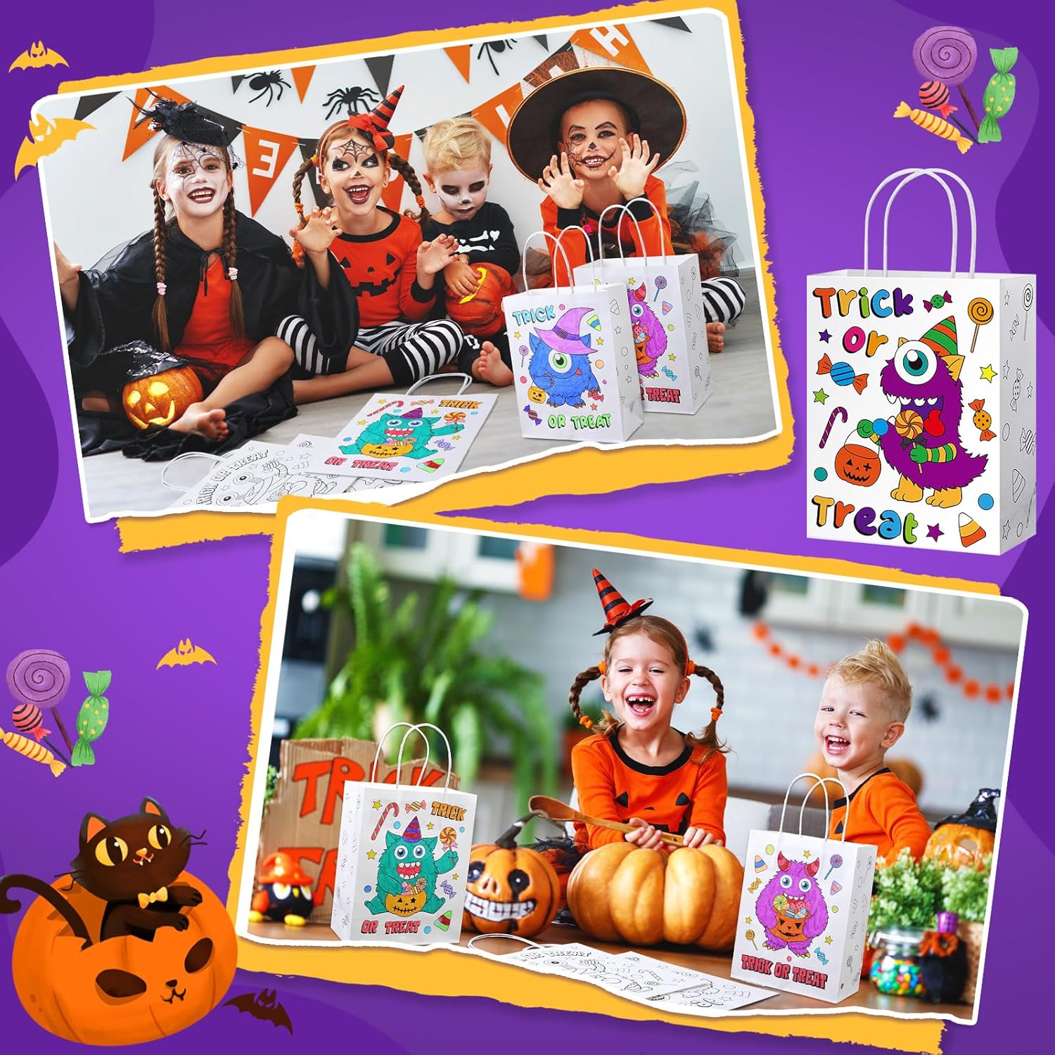 Yaomiao 24 Pcs Halloween Trick Or Treat Color Your Own Goodie Bags Gift Monsters Coloring Goodies Bags DIY Kraft Paper Crafts Tote Reusable Bulk for Trick or Treat Party Favors Supplies