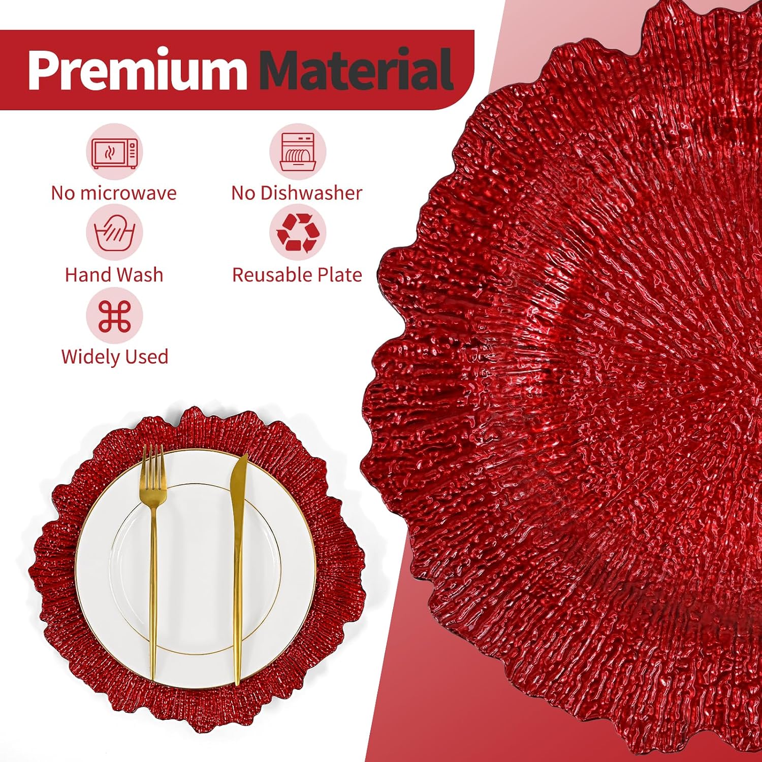 Teruntrue 50 Pcs Red Charger Plates Bulk 13 Inch Plastic Charger Plates for Dinner Plate, Red Chargers for Table Setting, Reef Design Plate Floral Decorative Round Chargers for Wedding Party, Event