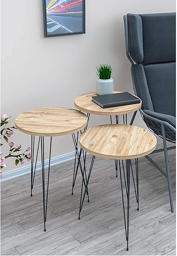 Miniatura 52 de PAK HOME Juego de 3 mesas auxiliares anidables de mármol blanco, mesas auxiliares redondas de madera apilables con patas de metal para sala de