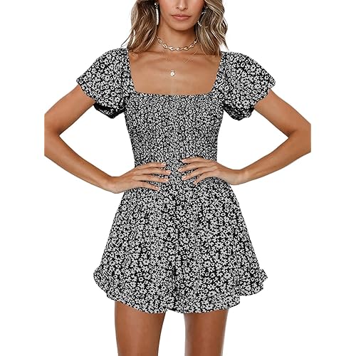 Jeanewpole1 Womens Floral Wide Leg Short Rompers Shirred Ruffle Sleeve Jumpsuit