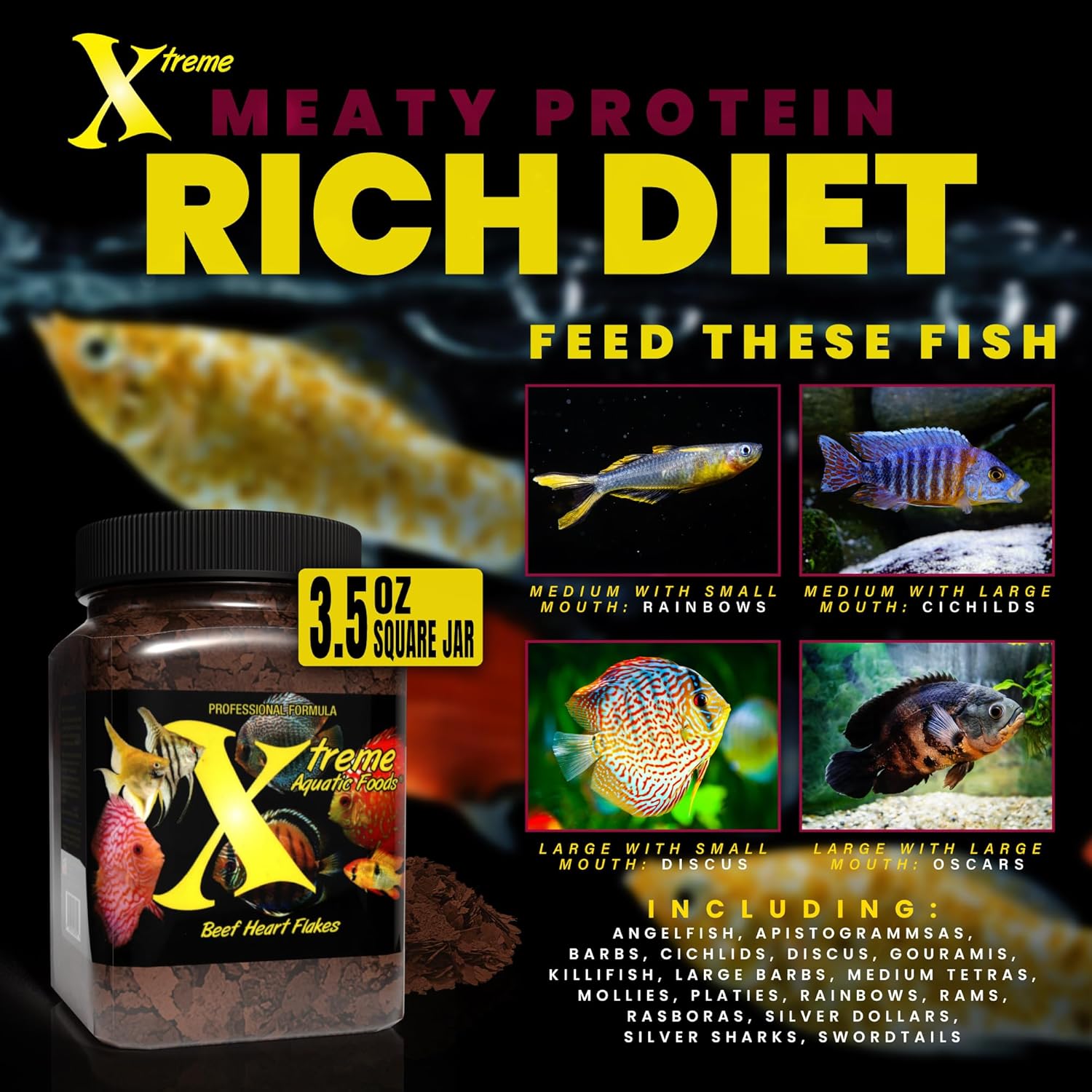 Xtreme Beef Heart Flakes - High Protein, Nutrient-Dense for Tropical & Freshwater Fish, Supports Growth, Color Enhancement, Easy Digestion - Ideal for Discus and Cichlids (3.5oz)