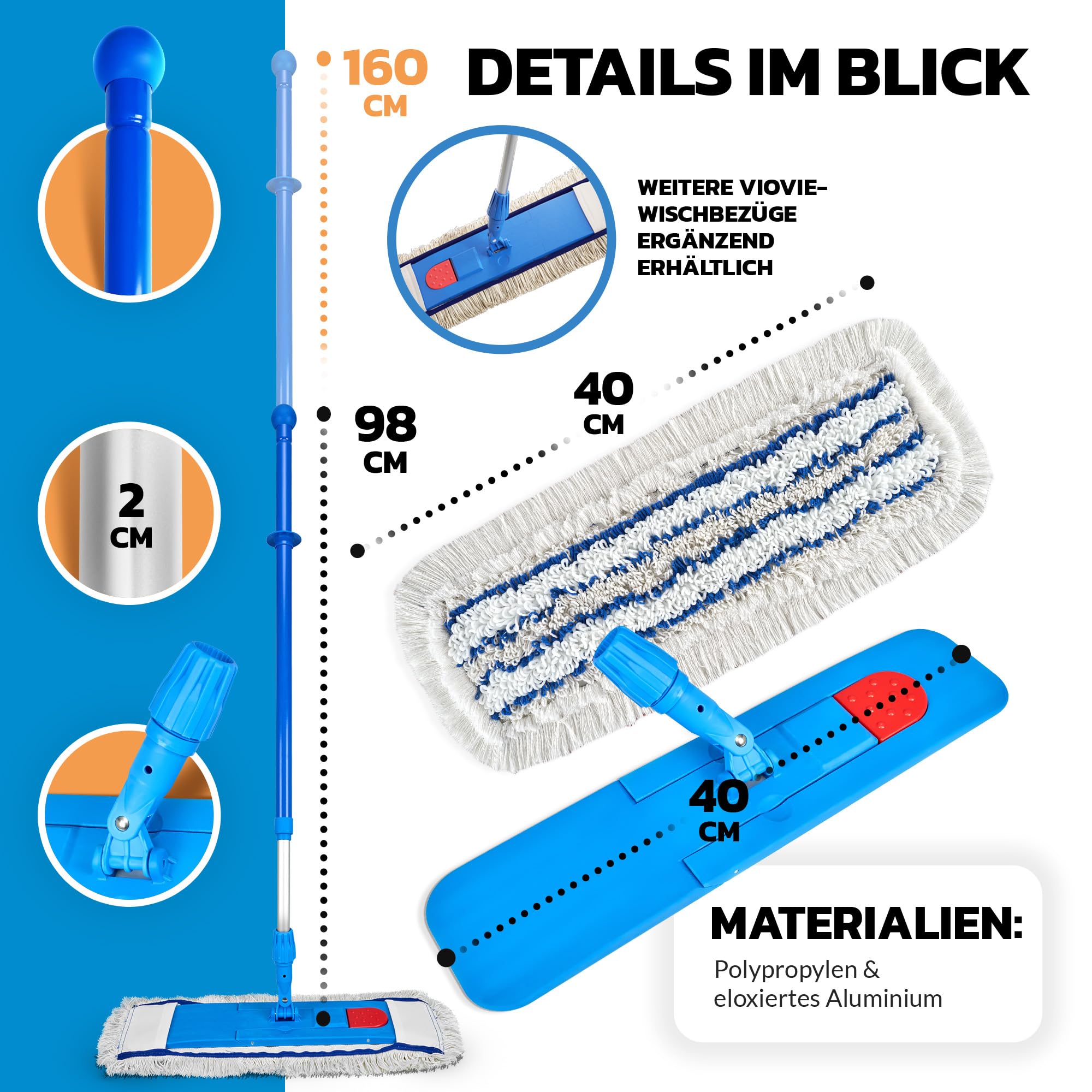 Premium Wischer Set Hospital 40CM | Krankenhaus Mopp | Magnet Klapphalter |Teleskopstiel 90-160cm | Magnethaltersystem für einfaches Wechseln | ergonomisches Putzen ohne Rückenschmerzen