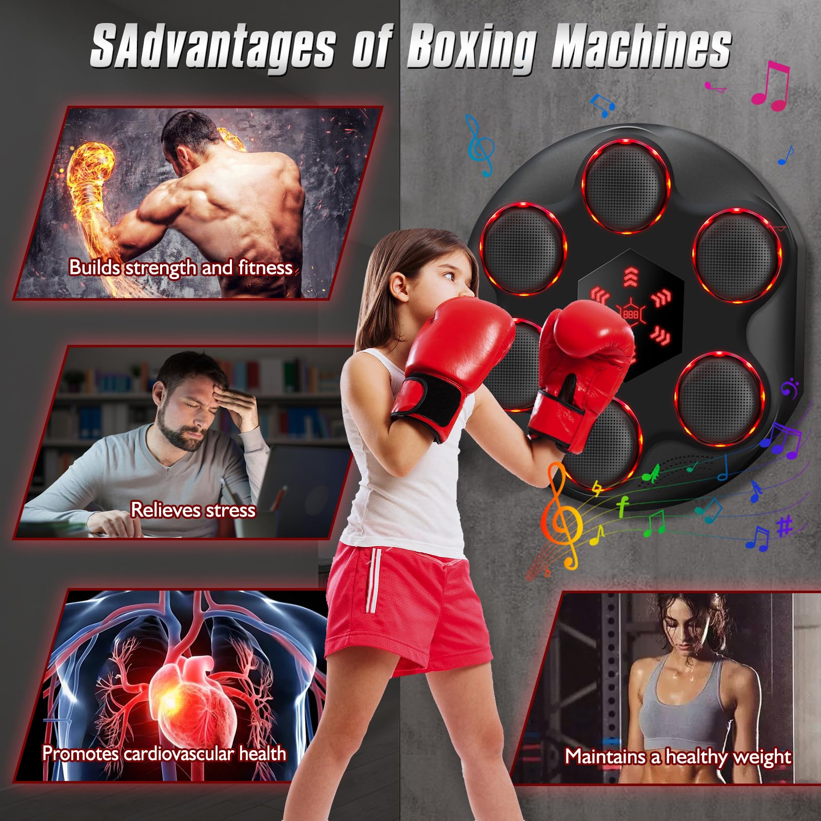 Ulikey Macchina da Boxe Musicale, Music Boxing Machine con Bluetooth e 12 modalità di velocità e di Conteggio, LED Macchina da Boxe Musicale con Guanti da Boxe per Adulti e Bambini