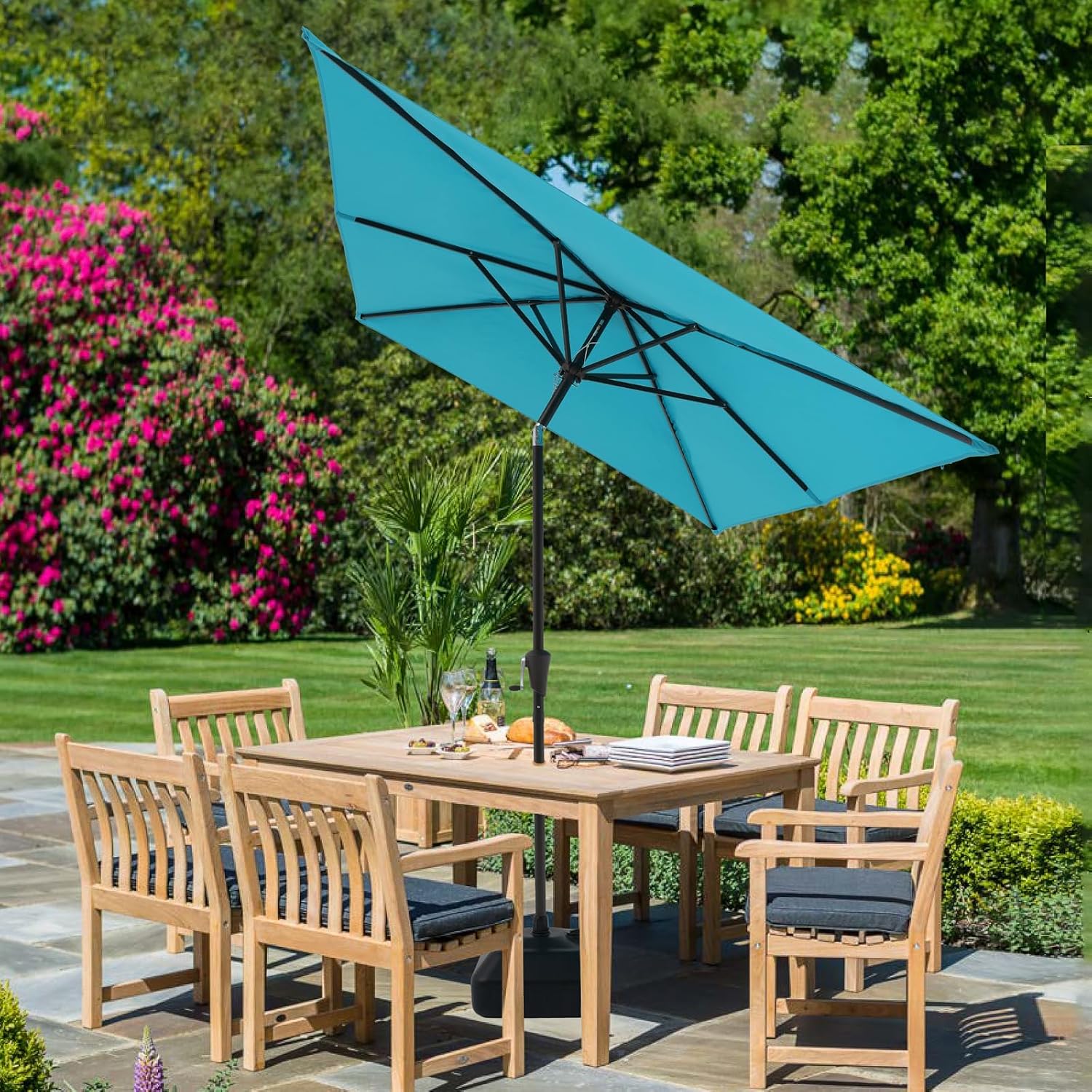 COBANA 6.5 x 10 ft Rectangular Patio Umbrella with Base, Outdoor Table Market Tilt Umbrella with Stand