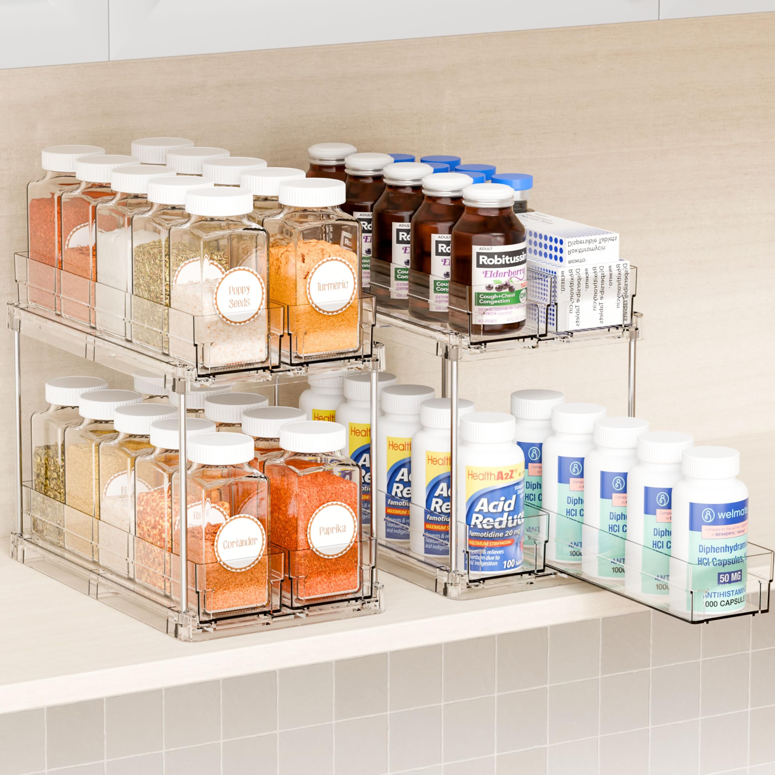 Photo 1 of Yieach 2 Tier Sliding Spice Racks for Cabinets,2 Pack 10.4'' Deep Narrow Vertical Spice Rack Pull Out for Inside Cabinets,Kitchen,Pantry,Cupboard Seasoning,Jar Organizer and Medicine Cabinet Storage