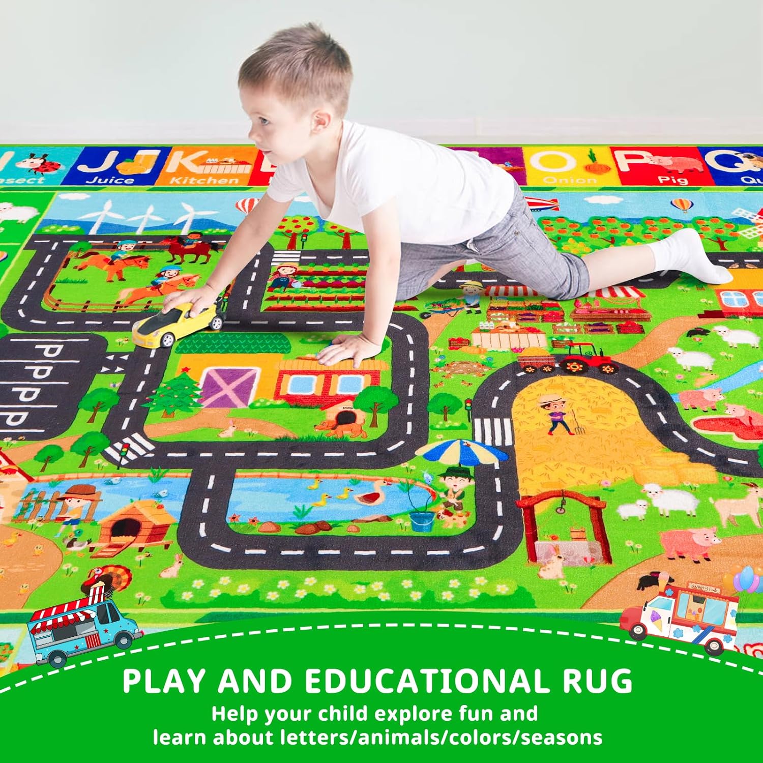 Kids Rug ABC Farm Play Mat for Toy Cars, 59"×39.4" Farm Life Road Traffic for Playroom Kids Car Road Rugs Village Map Play Mat Non-Slip Washable Play Rug for Toddlers Boys Room Playtime