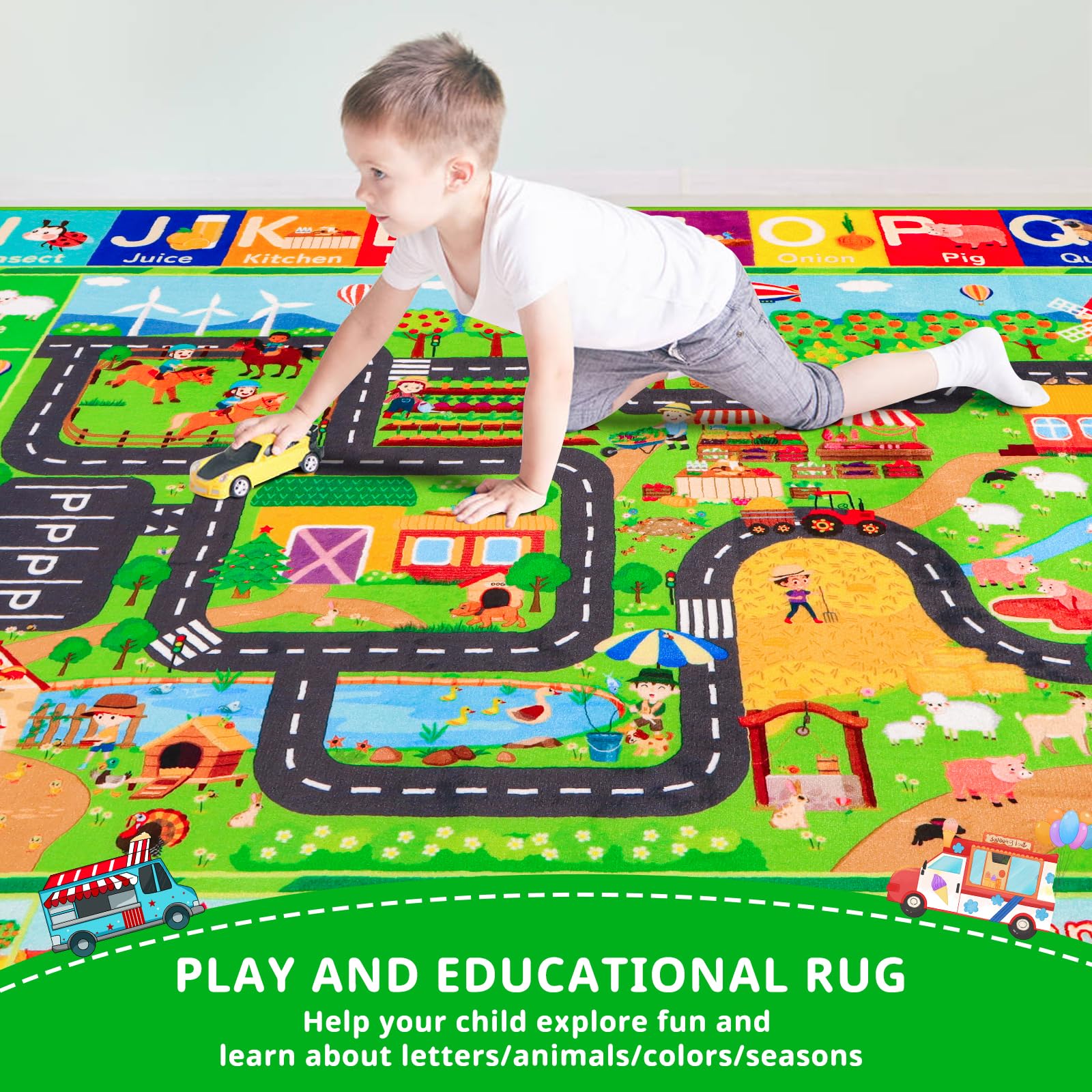 Kids Rug ABC Farm Play Mat for Toy Cars, 78.7"×59" Farm Life Road Traffic for Playroom Kids Car Road Rugs Village Map Play Mat Non-Slip Washable Play Rug for Toddlers Boys Room Playtime