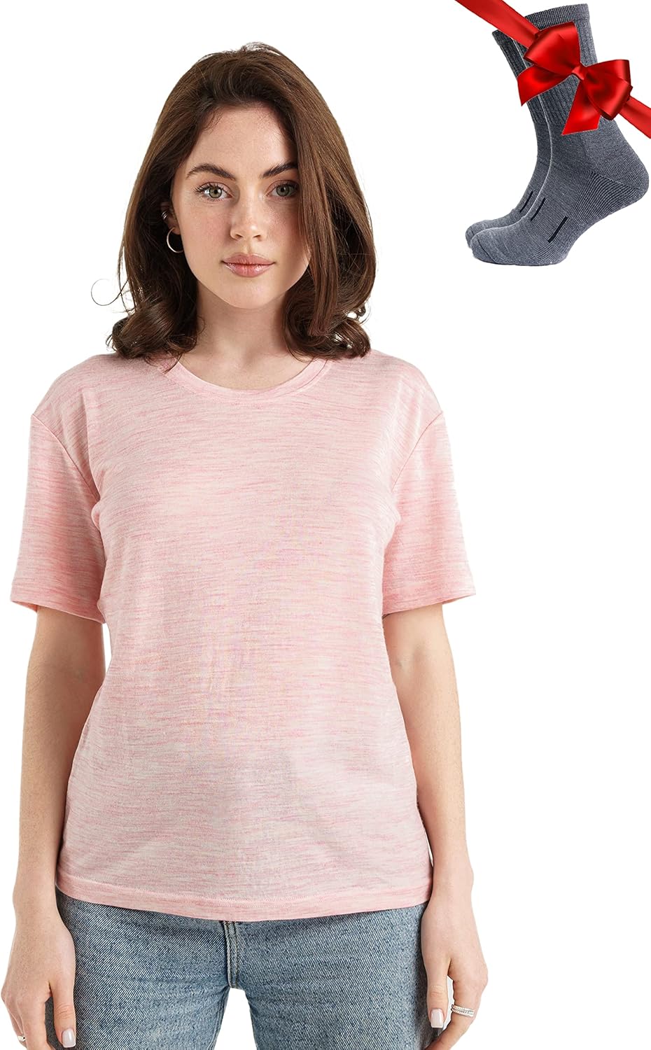 Lightweight Merino Wool Women’s Sport T-Shirt and Socks (Medium, Pink Heather Crewneck)