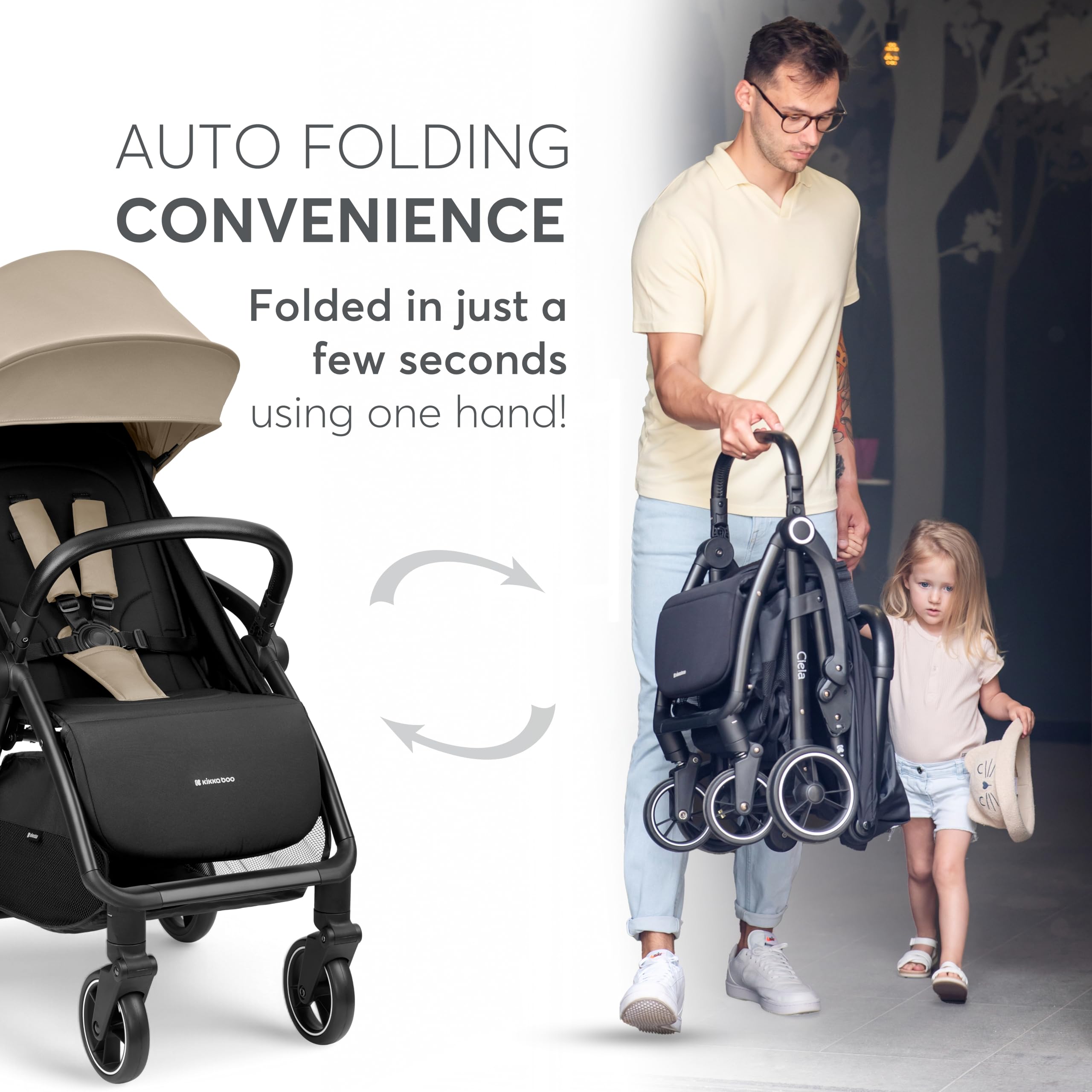 KikkaBoo Passeggino Leggero fino a 22 kg CIELA, Piegatura Automatica, Schienale Reclinabile, da Viaggio, Misura Bagaglio a Mano, Beige