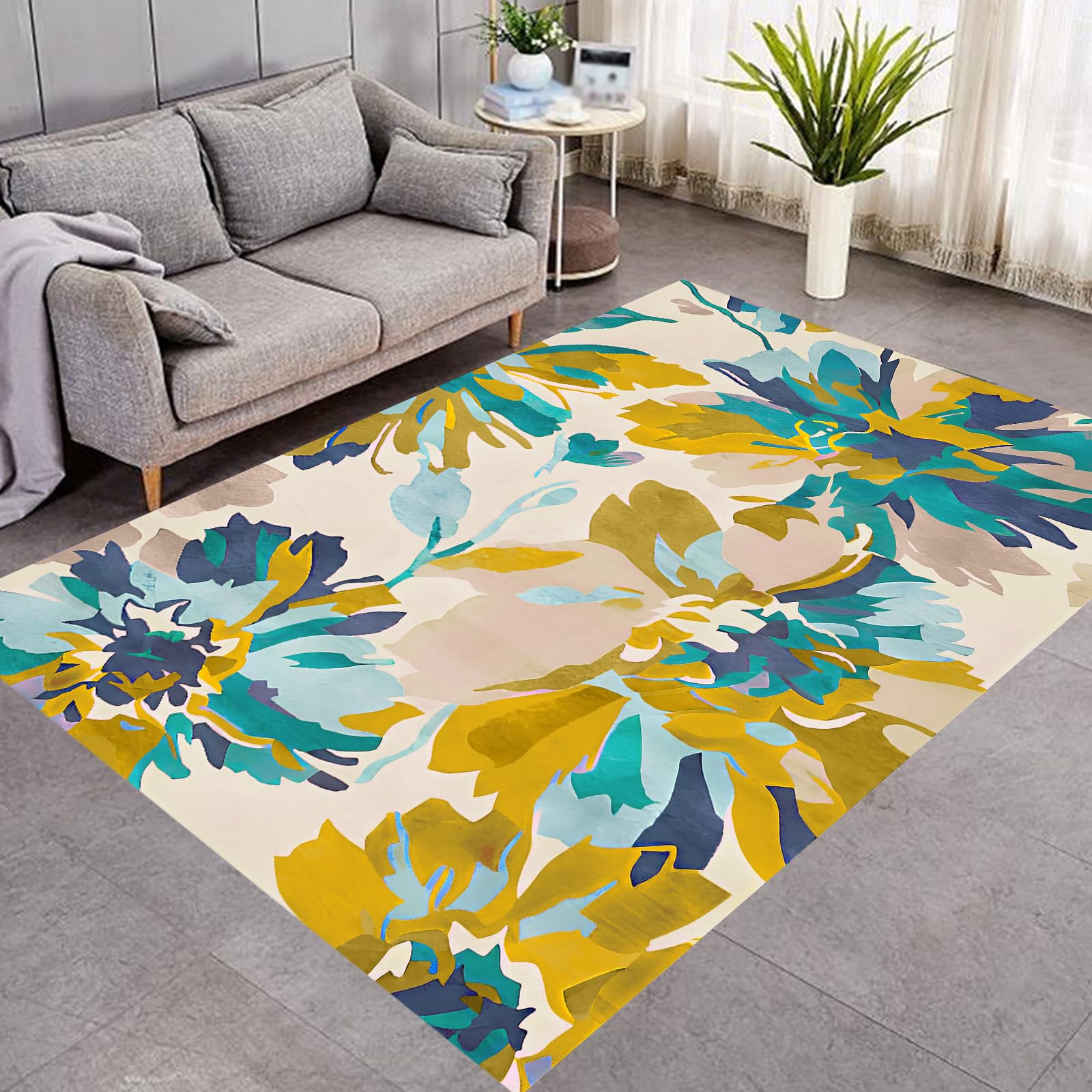 Tapis fleurs aquarelles bleu marine pour dynamiser votre salon intérieur