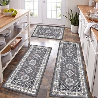 HEBE Boho Farmhouse Kitchen Rug Set 3-Piece with Runner - Non-Slip Washable Mats for Kitchen Hallway Laundry