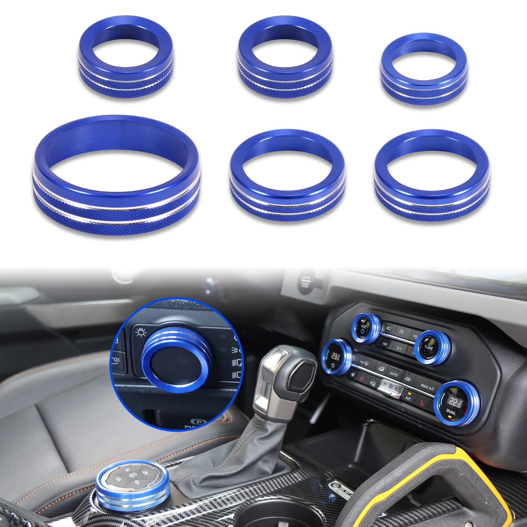 G Air Conditioner Headlight Switch Knob Cover Compatible with 2021-2022 Ford Bronco Accessories Aluminum Alloy 6PCS,Blue (Not for Bronco Sport)