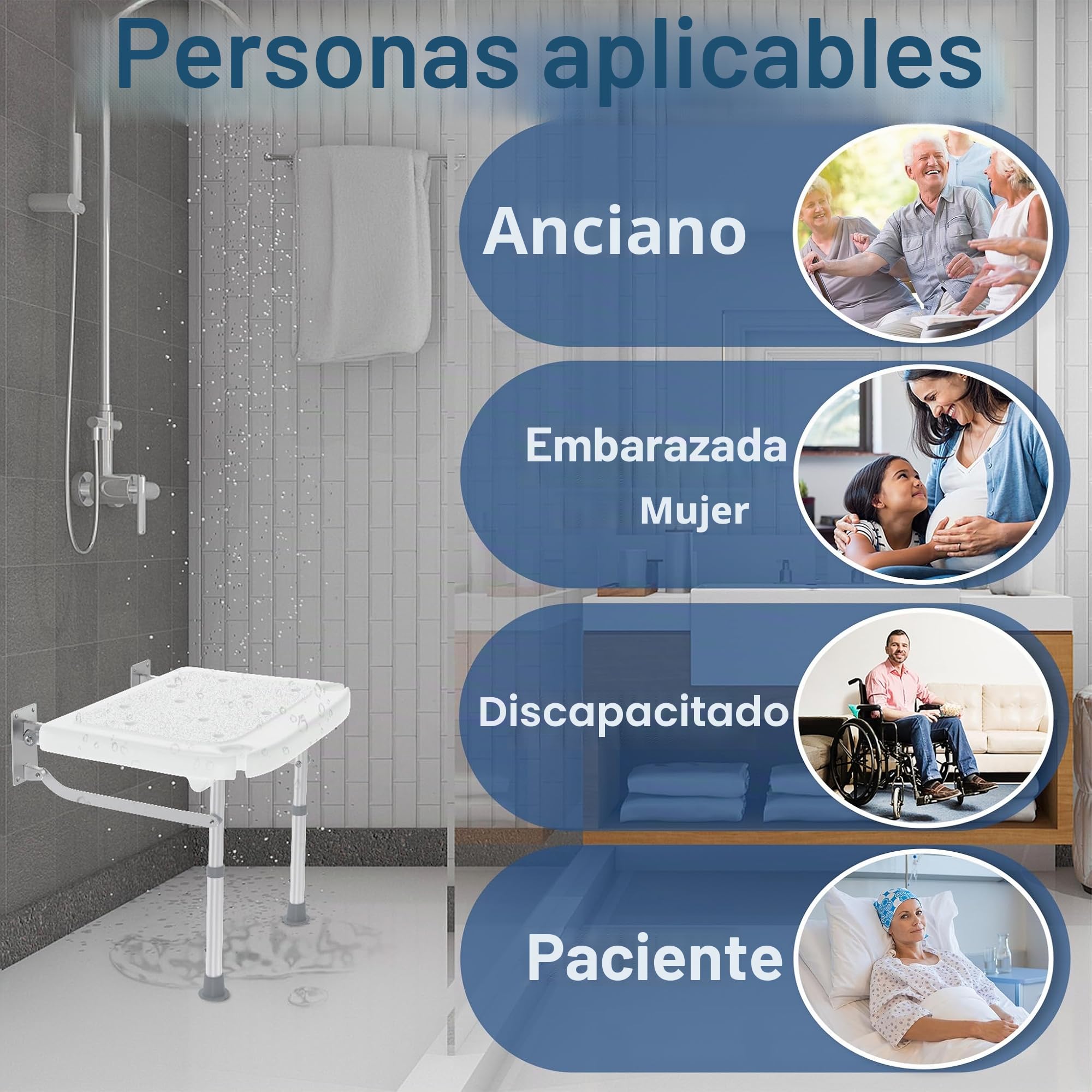 YRHome Asiento de ducha plegable para montaje en pared, silla de ducha plegable con soporte para ducha, asiento antideslizante con drenaje y ahorro de espacio, altura ajustable para personas mayores