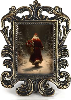 Vintage Christmas Santa Small Picture Frame Baroque, Winter Dark Snowy Forest Ornate Mini Resin Photo Frame for TableTop Desk 1.7x2.5 Photo, Festive Artwork Gifts for Women Bedroom Decor