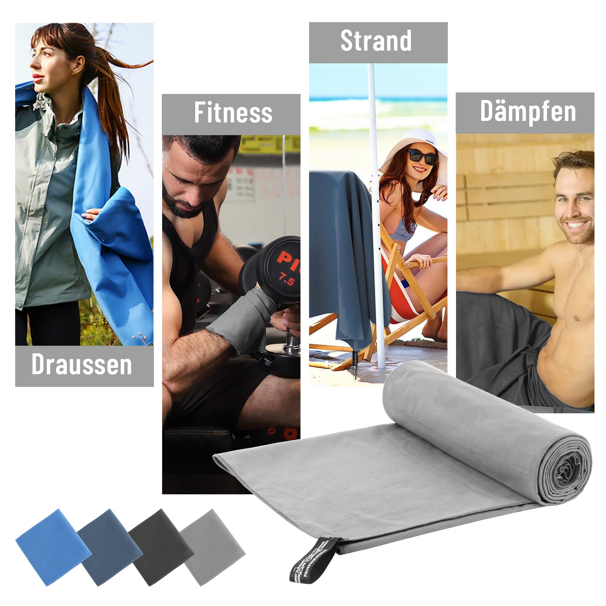 Ręcznik z mikrofibry – Kompaktowy, Ultralekki i Szybkoschnący – do fitnessu, do użytku na zewnątrz, na plażę, kemping, do sauny, fitnessu (Jasnoszary, 90x180CM)