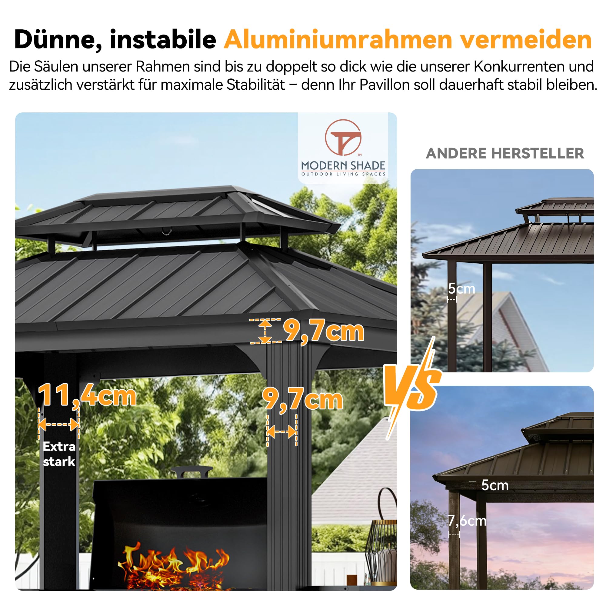 Modern Shade Grillpavillon 2,5 x 1,9 m, Wetterfeste Aluminium Gartenpavillon mit Regalen & Decken-Haken, Outdoor Hartdach-Grillüberdachung mit feuerverzinktem Stahldach, für Terrasse Rasen Garten BBQ