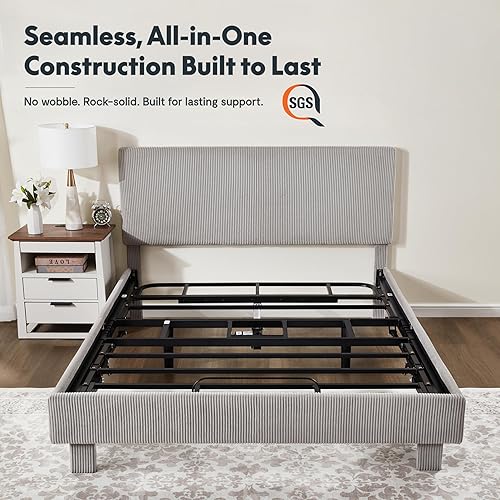 Miniatura 7 de FLEXISPOT Cama ajustable todo en uno Queen con base de cama tapizada de terciopelo, cabecera acanalada de canal vertical, elevación de cabeza y