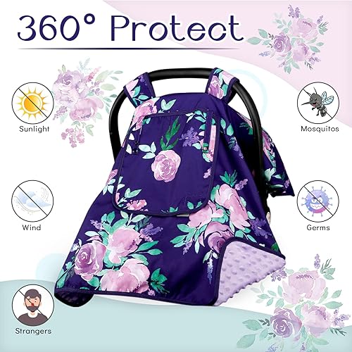 Miniatura 2 de Funda para asiento de automóvil y soporte para la cabeza para niñas, toldo floral morado para asiento de automóvil recién nacido con ventanas