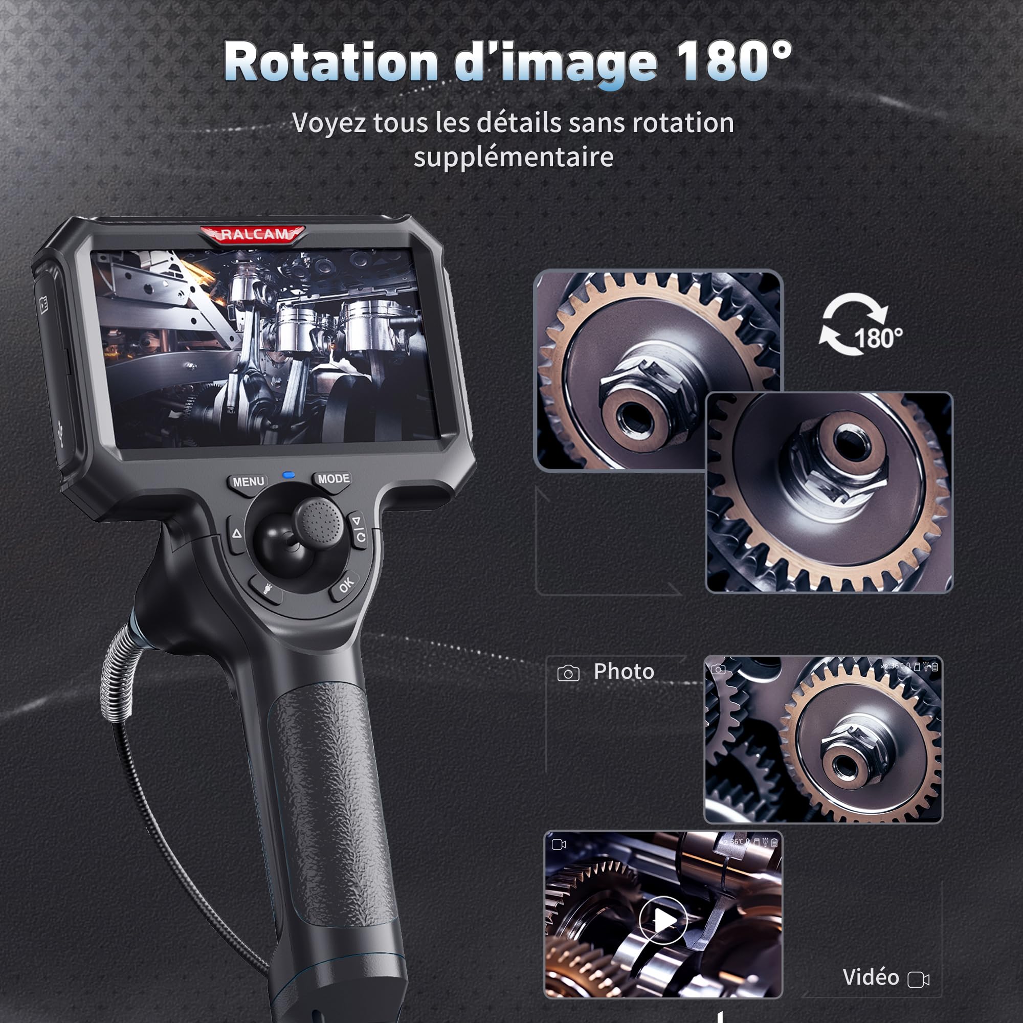 Ralcam Caméra Endoscopique avec Lumière, Endoscope 360°, Écran 5" HD, 1280×720, IP67, Caméra Inspection Canalisation Voiture (6,2 mm Sonde/ 1,5M Semi-Rigide)