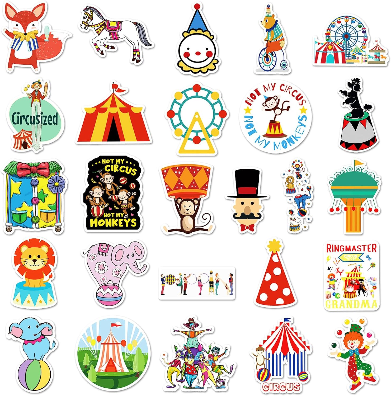 51Pcs Circus Stickers, Waterproof Vinyl Cute Carnival Animal Decals for Water Bottles, Laptops, Cars, Luggage, Skateboards, DIY Decoration, Gifts for Kids, Circus Lovers (Circus)