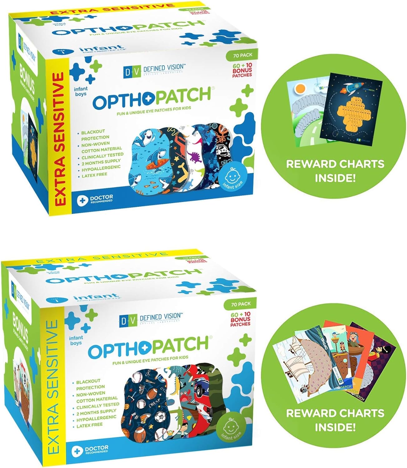 OPTHOPATCH Eye Patches for Infants - Fun Boys Design - 60+10 Bonus Latex Free Hypoallergenic Cotton Extra Sensitive Adhesive Bandages for Amblyopia & Cross Eye by Defined Vision
